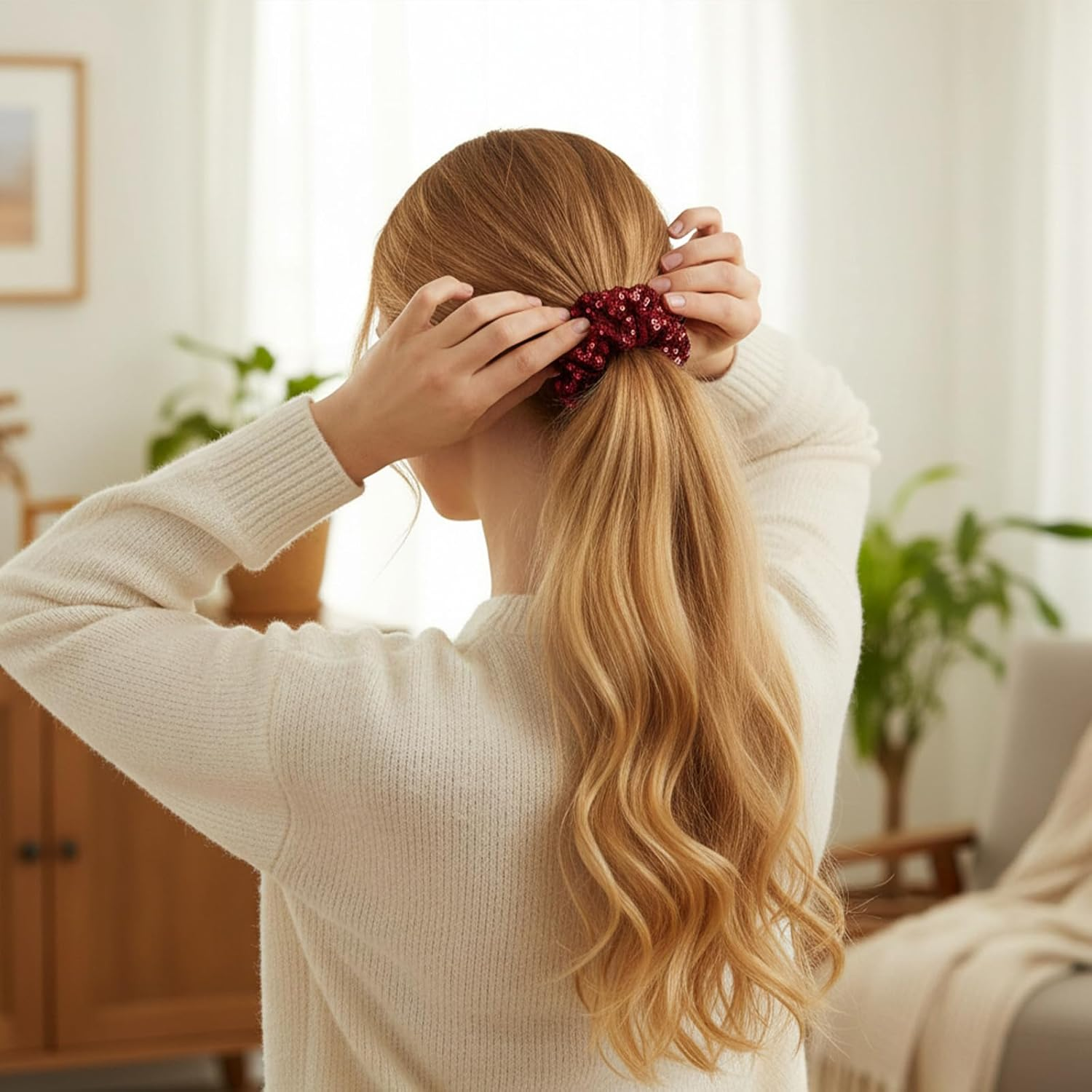 Pack of 2 Glitter Hair Bobbles Women'S Sequin Hair Scrunchies Glitter Red Wine Girls Sparkling Ponytail Holder Sequins Hair Accessories Elastic Hair Bands for Birthday Carnival Theme Party