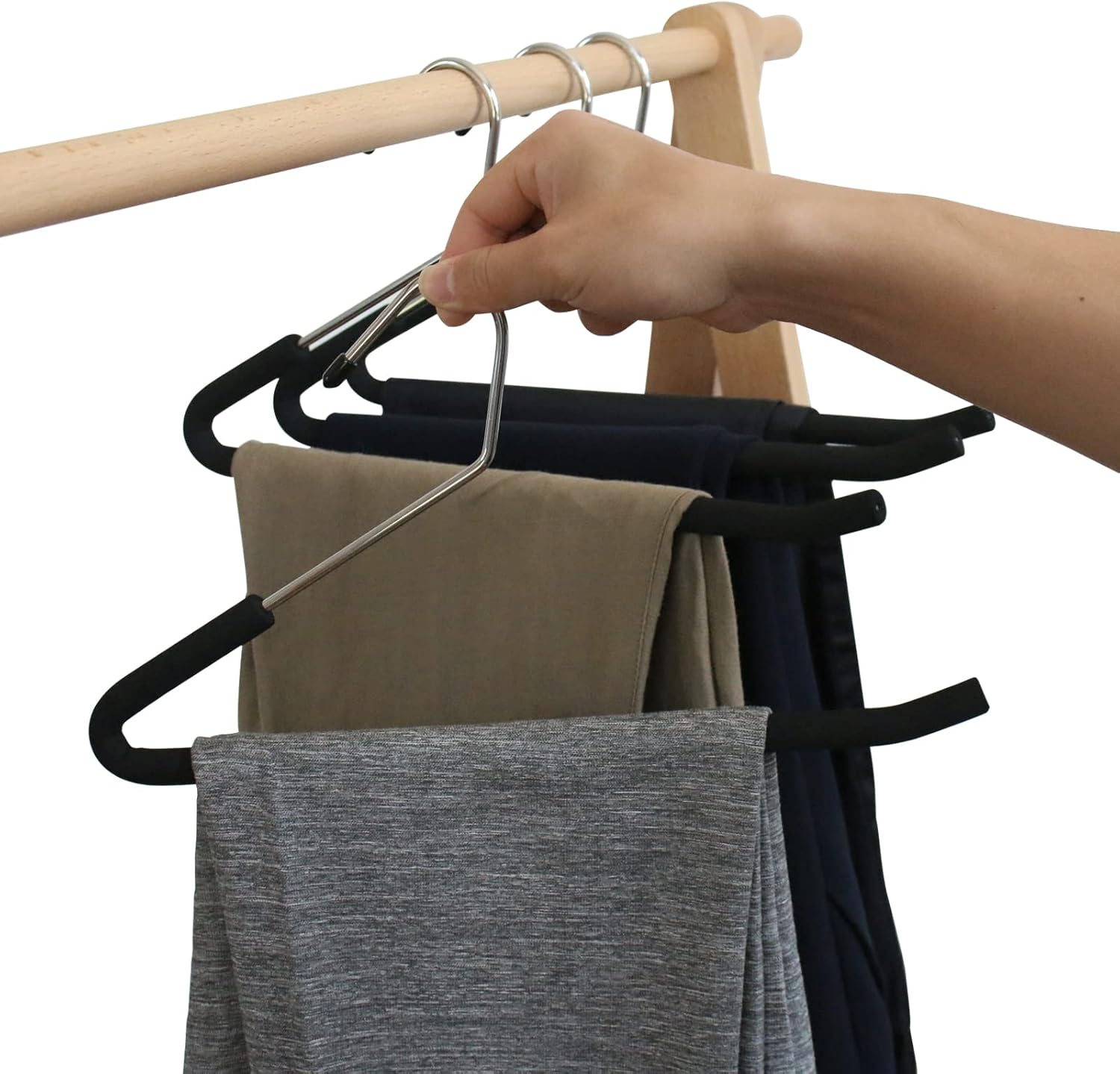 Homa Jia Heavy-Duty Pants Hangers Non-Slip, Foam Open Ended Slacks Pants Hangers for Men and Women, Space Saving Metal Trousers Hangers for Closet, Skirt and Jean Hangers, Black (10 Pack) image number 1