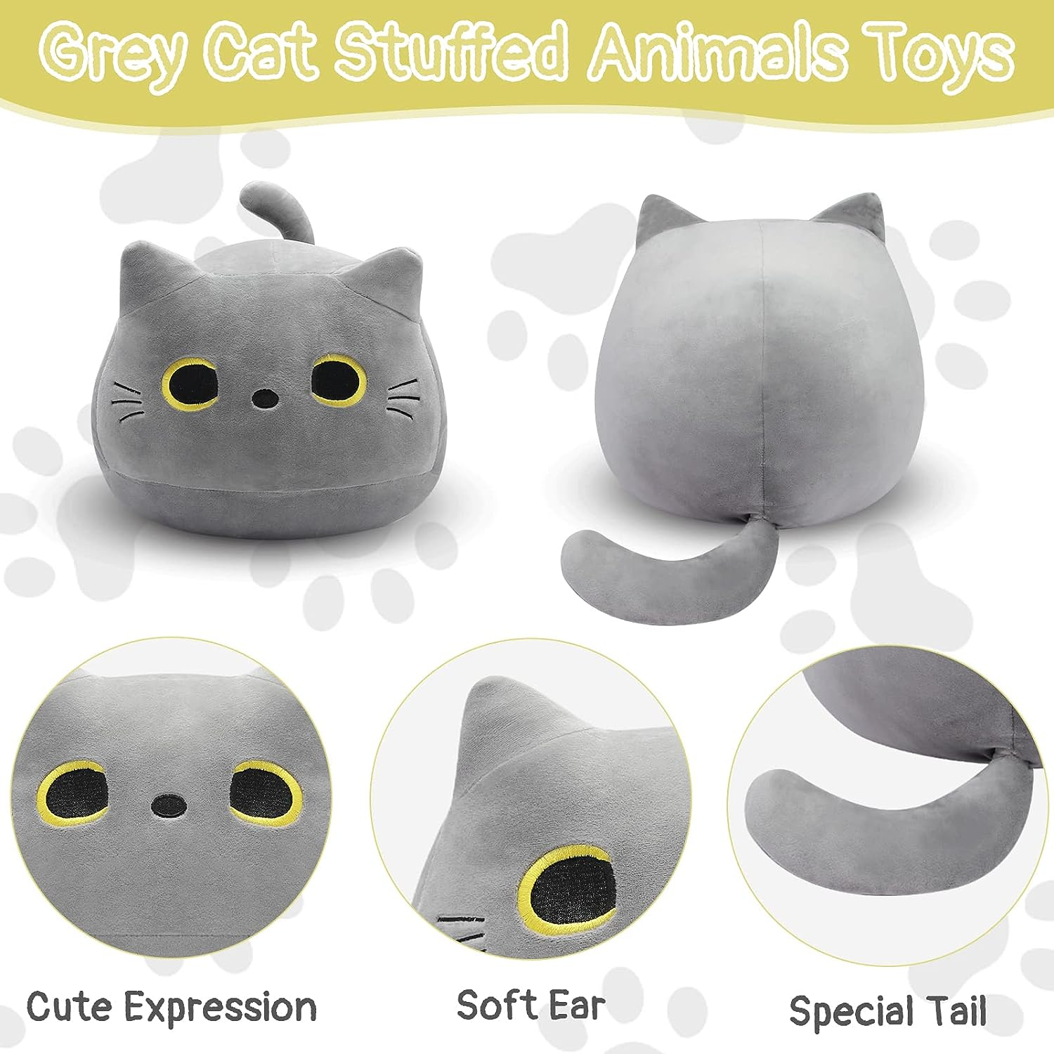Gray Cat Plush Pillows Toys, 12'' Kawaii Stuffed Animals Cute Soft Plushie Pillow Toys for Birthday Christmas Halloween Kids Gifts Home Car Decoration ,Grey HMHMPR-001