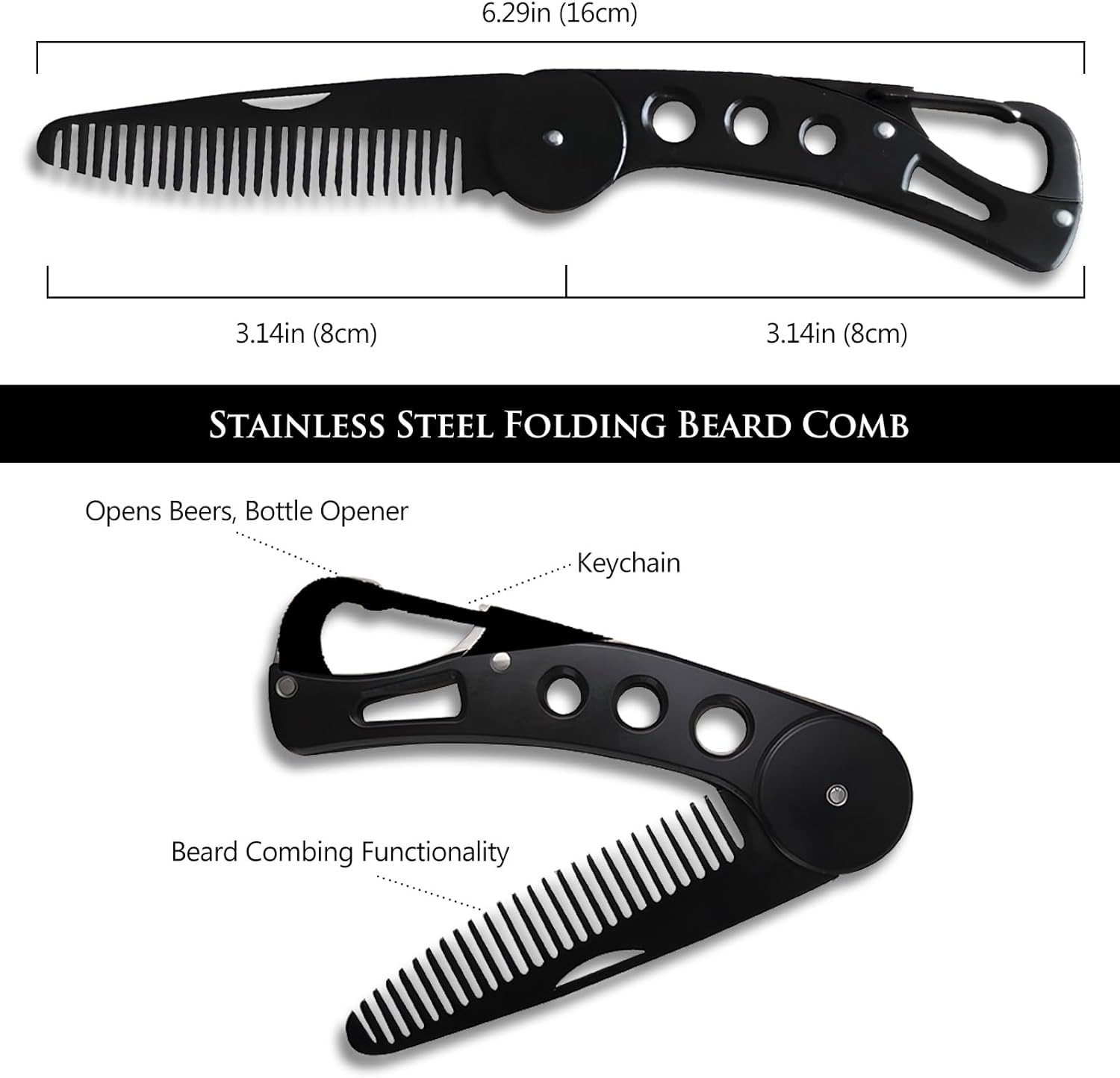 Kootinn Stainless Steel Folding Beard Comb - Portable Multifunction anti Static Comb with Leather Cover for Men Grooming, Combing Hair, and Mustache Styling