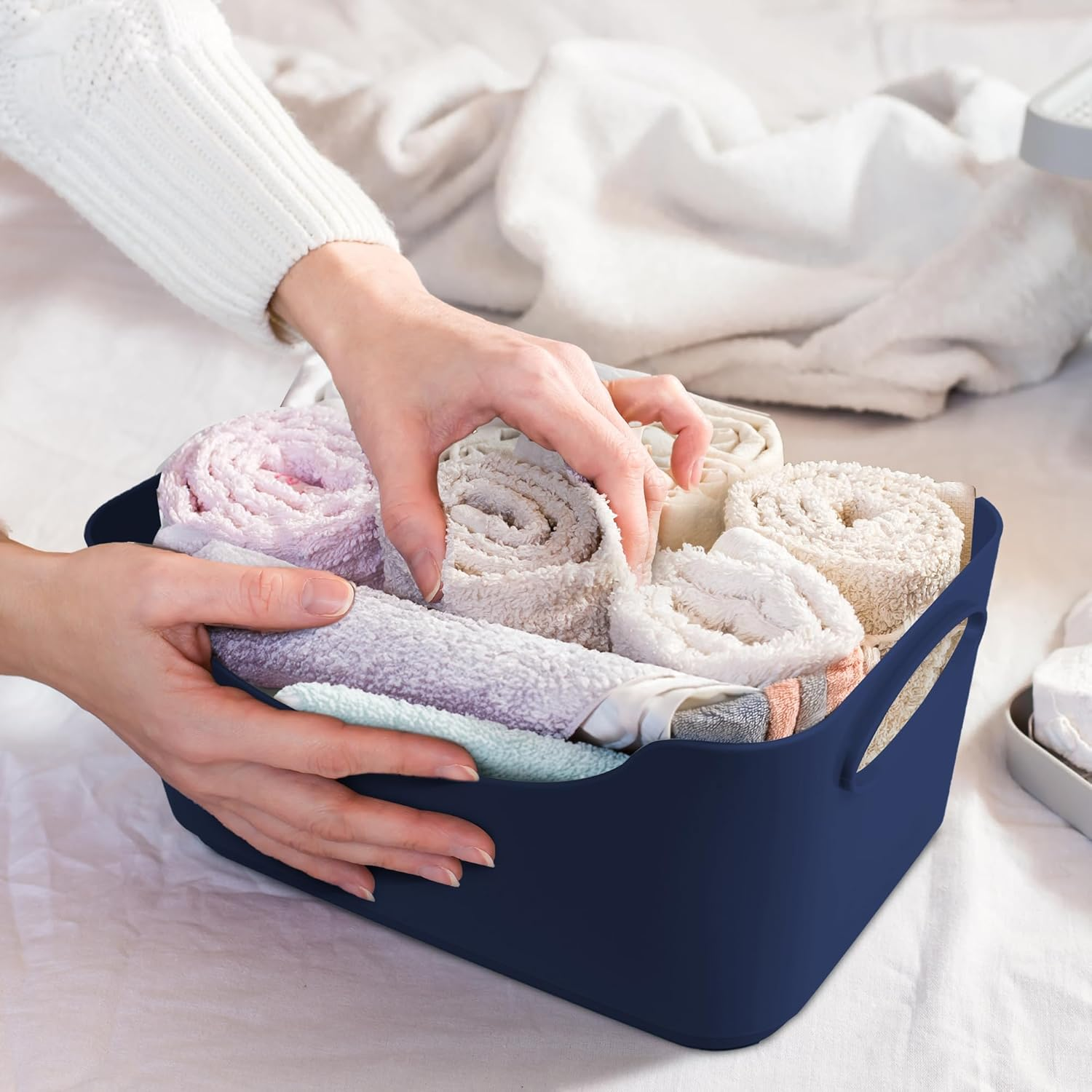 KEPLIN Plastic Studio Basket - Container Boxes for Storage Organising in Home or Office - Suitable for Shelfs Drawers Laundry Cupboard (Navy, Set of 6)