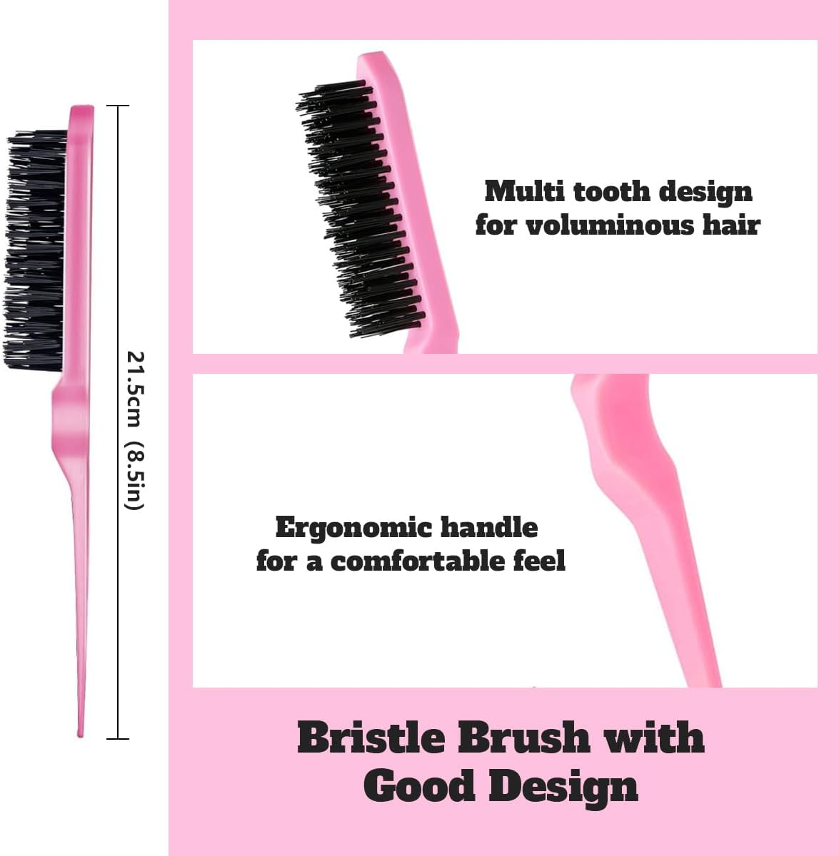 3 Pcs Slick Back Hair Brush, Edge Control Brush Kit - Includes Bristle Brush, Rat Tail & Parting Comb, Teasing Comb for Curly Hair, Sleek Ponytails, Smoothing Baby Hair & Flyaways for Women & Girls (Pink) - Black image number 6