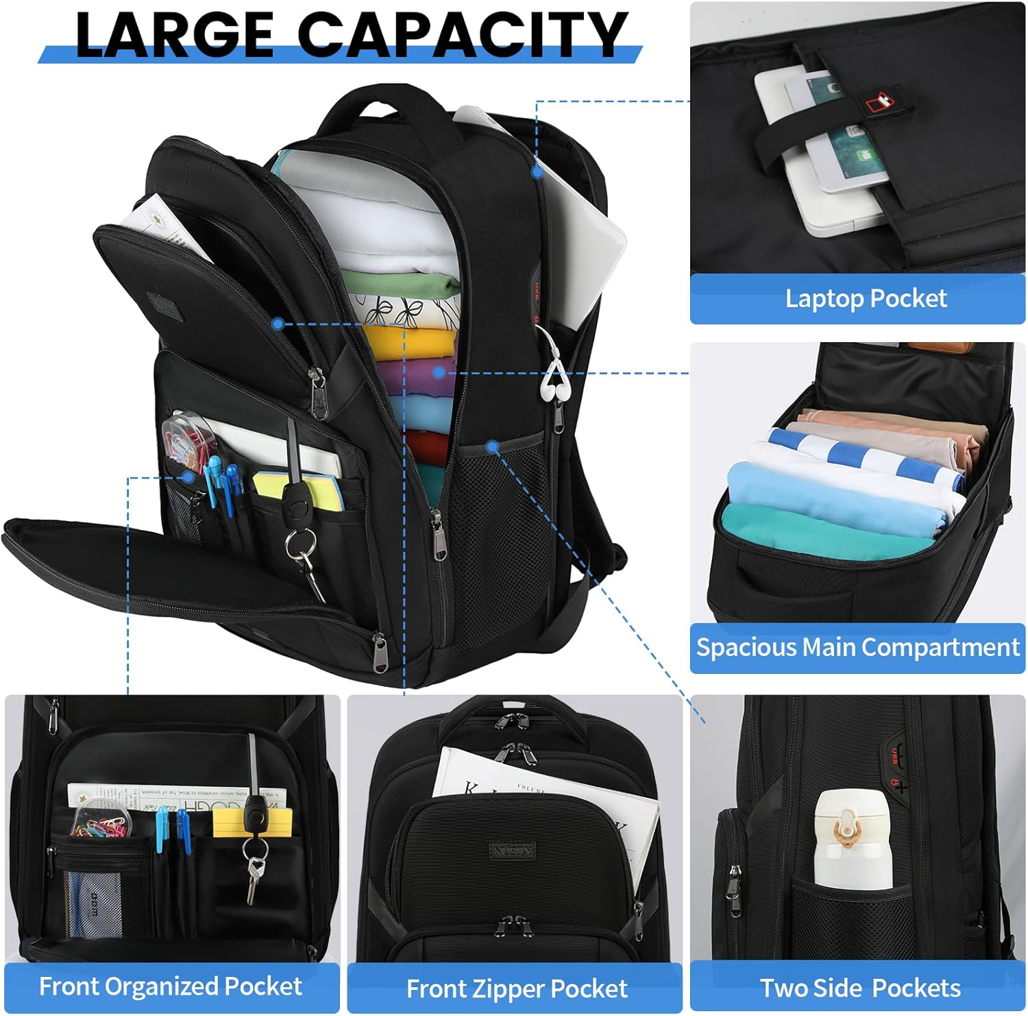 Travel Backpack Laptop Backpack 15.6 Inch Waterproof Large Computer Bag Work Business College Backpack Bookbag for Men Women TSA Friendly Carry on Backpack with USB Hole, Black