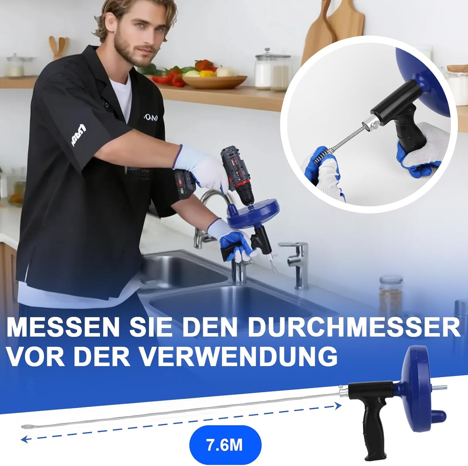 LJEC Pipe Cleaning Spiral 7.5 M with Drill Attachment Manual and Electric Pipe Cleaning Device Stainless Steel Effective Drain Spiral against Blockages with Gloves for Sink, Bathroom, Kitchen image number 1