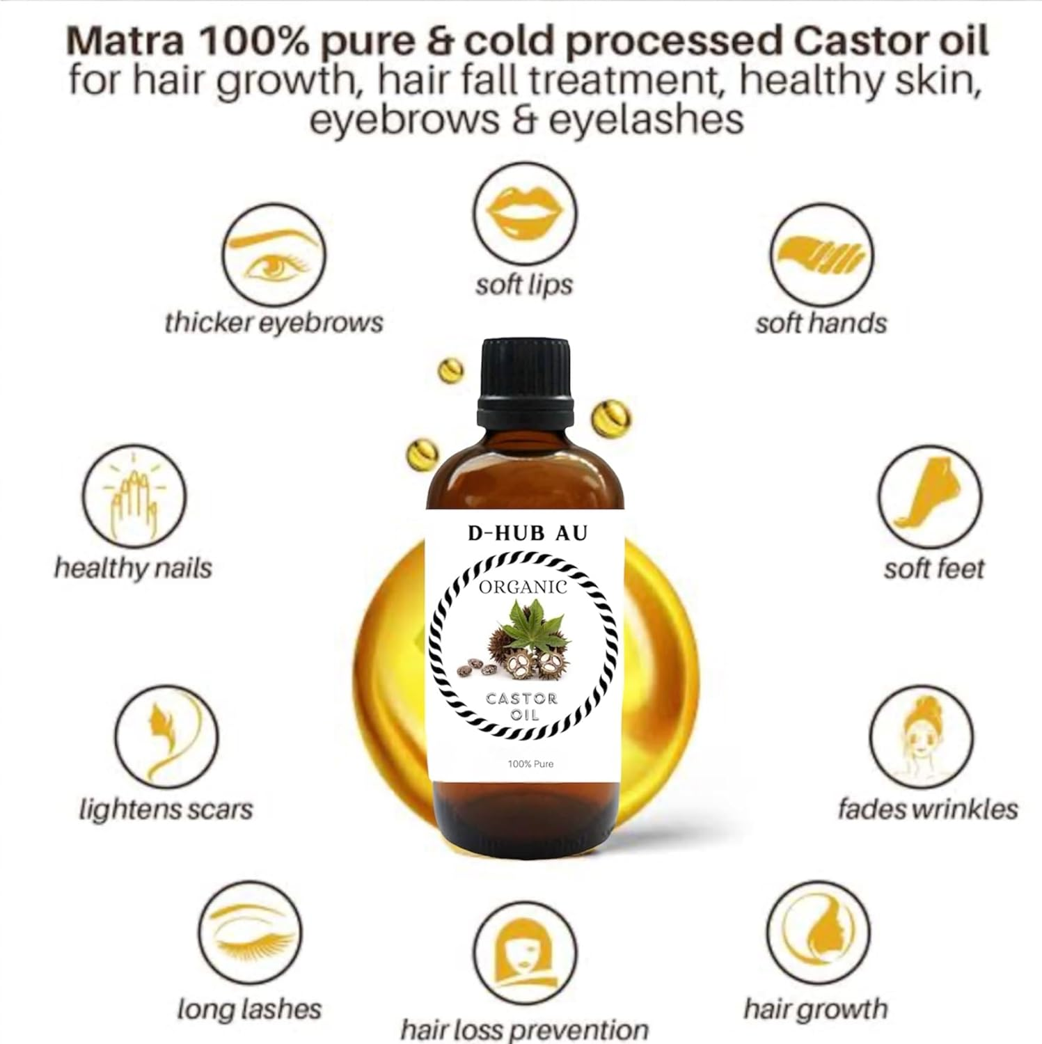 D-HUB AU: 100Ml Organic Castor Oil Pure Cold Pressed Hair Oil Lash Serum, Certified Pure Castor Oil for Hair Growth Serum, Castor Oil Pack Hexane Free for Eyebrows, Eyelash Serum, Scalp Oil, Beard Growth Oil , Body Massage Oil for Dry Skin | Packaging in Australia May Vary.