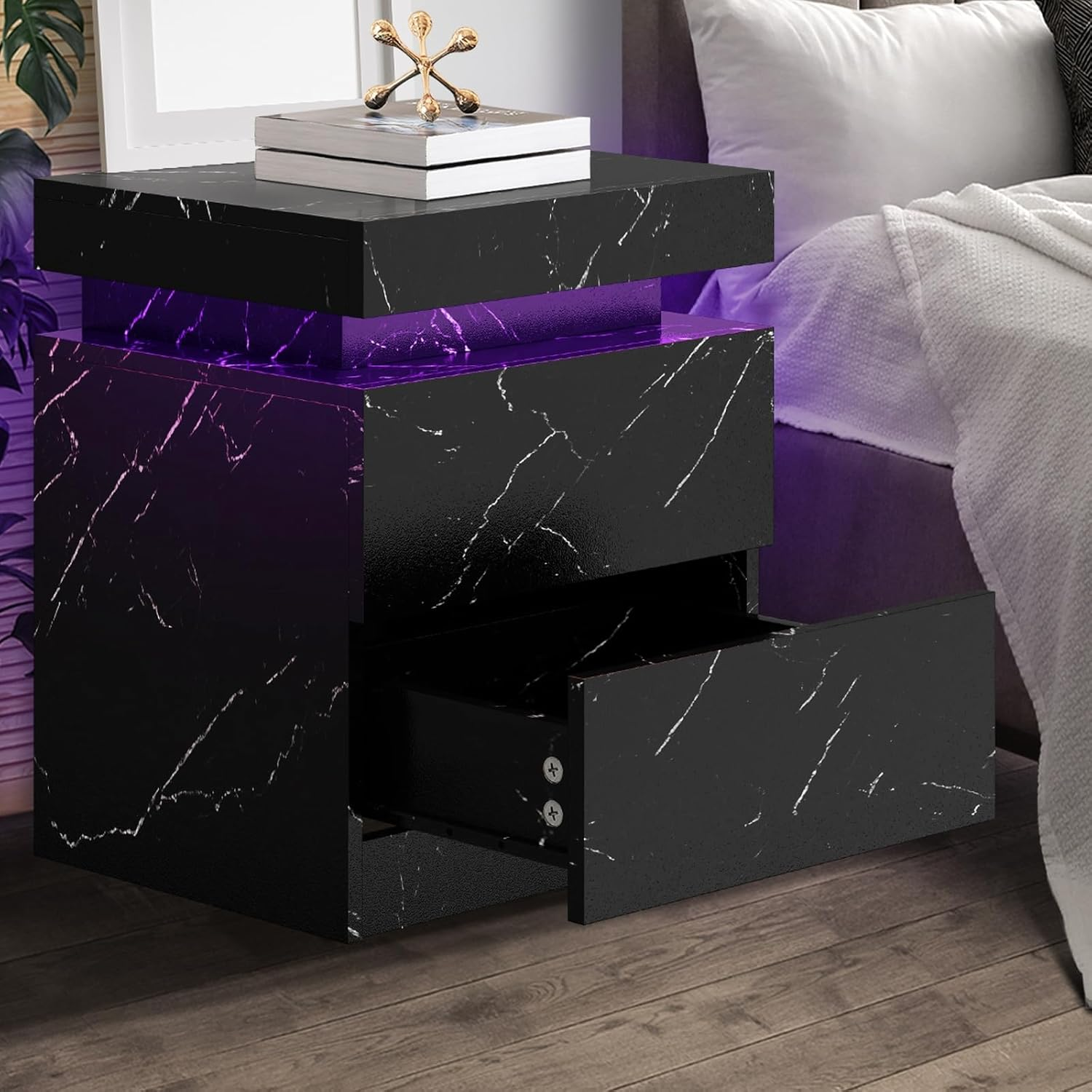 Oikiture LED Bedside Table with Marble Surface and Remote Control 2 Drawers Bed Side Table Black