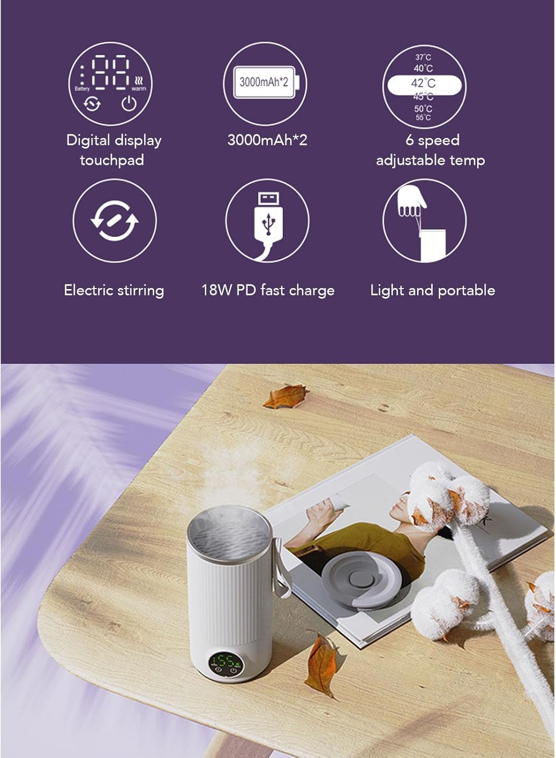 Cordless Portable Milk Warmer Mixer, Electric Milk Frother, Fast Heating, Automatic Shutdown, Built in Rotating Stirrer, for Coffee Milk, 400ML, Keep Warm image number 5