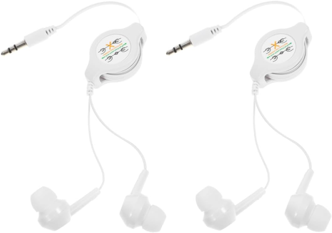 2Pcs Retractable Wire Earphones In-Ear Headphones Portable Comfortable Earbuds with Adjustable Length Noise-Canceling Design for Mp3 Players White