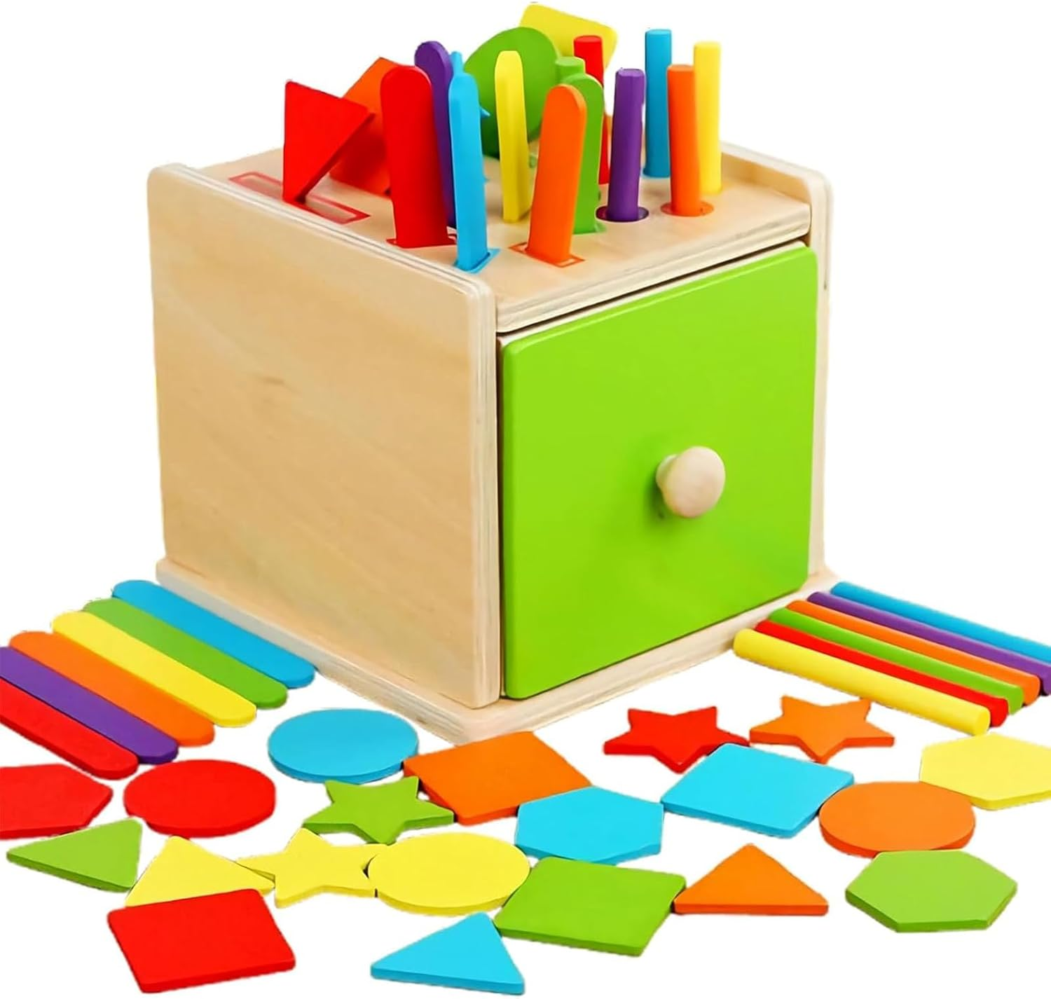 TUNJEJINY Montessori Toys for Toddlers,Wooden Coin Box Color Sorting Toy, 3-In-1 Educational Fine Motor Sensory Matching Games for Girl Boy Child Gifts (Round Stick+Ice Cream Stick+Shape) image number 4