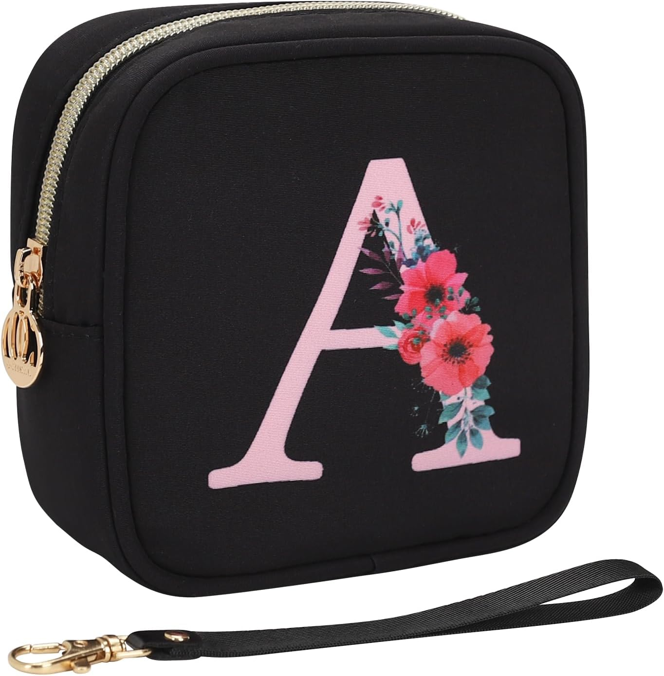 Relavel Initial Small Makeup Bag for Purse, Personalized Gifts for Women Girls Travel Cosmetic Pouch with Card Slot, Mini Lipstick Pouch with Removable Handle, Portable Skincare Bag for Daily, Black O