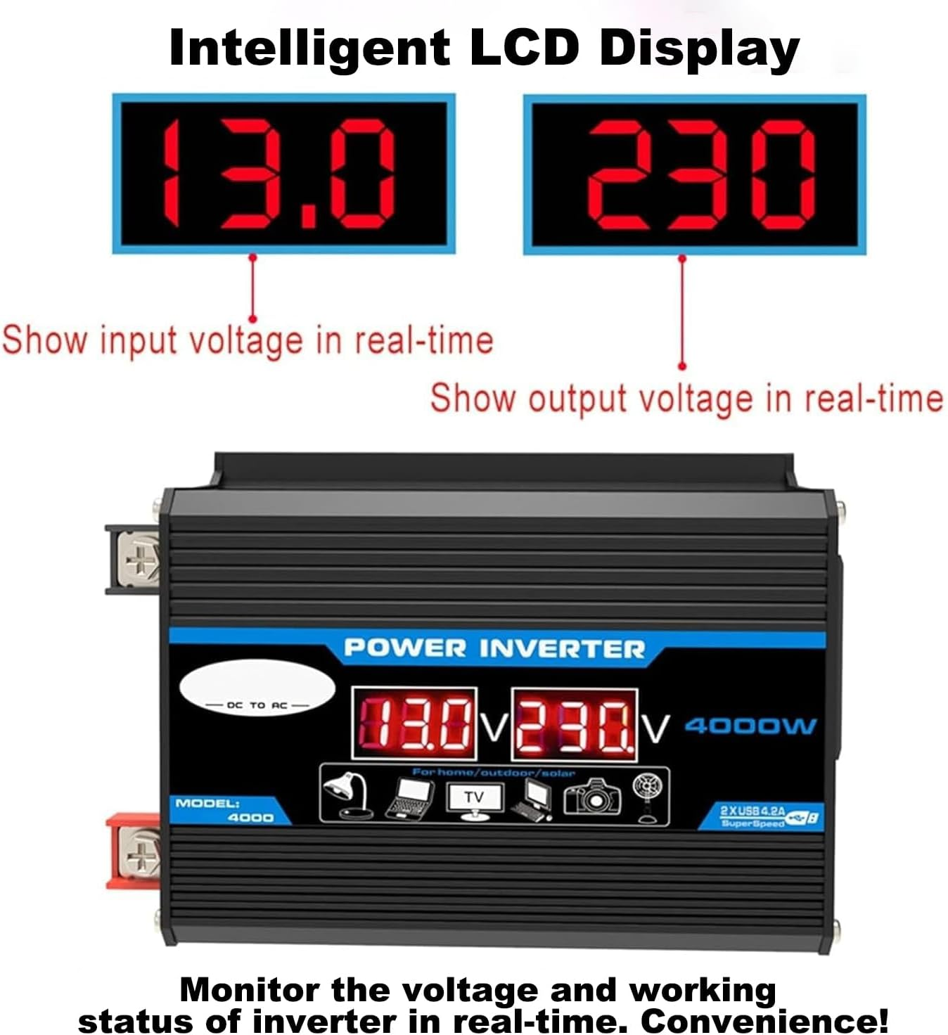 Inncen Car Inverter 4000W 12V to 220V LED Car Power Inverter Converter - Black image number 2