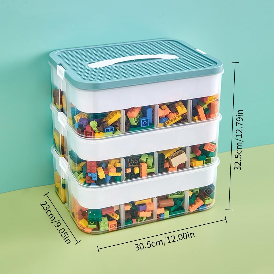 Toy Organizer Bins with Compartments, Building Blocks Storage, Storage Containers for Building Brick Storage, Plastic Stackable Organizer Bin Toy Chest (Green 3 Layers)