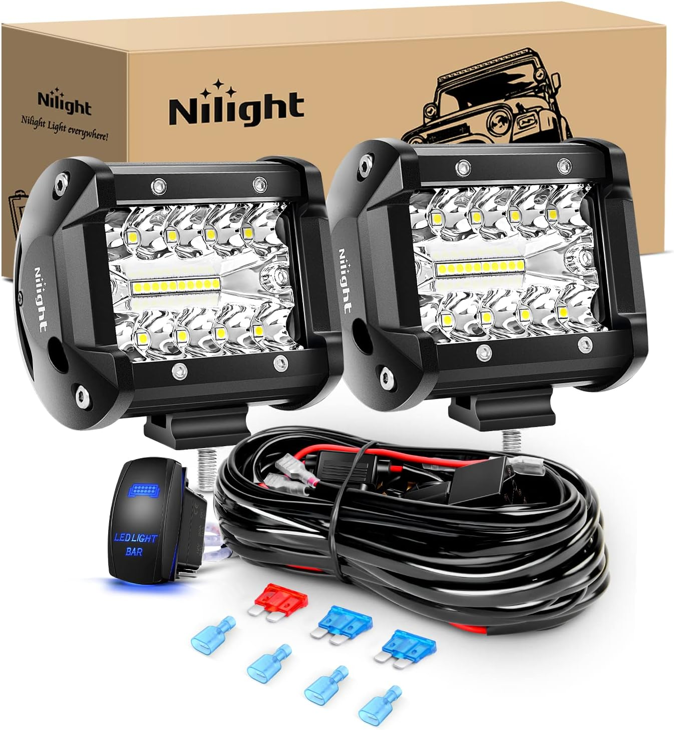 Nilight 2PC 4Inch Triple Row Lights 60W Flood Spot Combo 6000LM Bar Driving Boat Led off Road Trucks with 12V On/Off 5 Pin Rocker Switch Power 16AWG Wiring Harness Kit-2 Leads image number 1