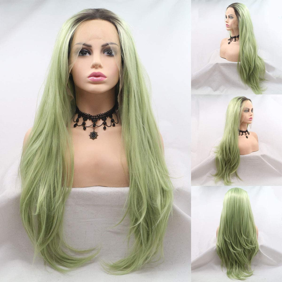 Xiweiya Wigs Long Natural Straight Wig Green Color Synthetic Lace Front Wig Middle Parting Avocado Green Hair Glueless Heat Resistant Fiber for Women Cosplay Makeup 24 Inches image number 6