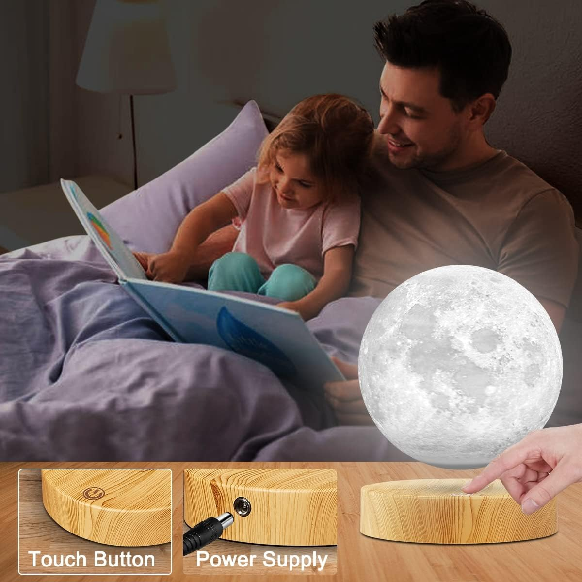 Levitating Moon Lamp - 3 Colors Modes Magnetic Levitation LED Moon Light, Rotation Floating 3D Printing Moon Night Lights for Home Office Desk Room Decoration round Base image number 4