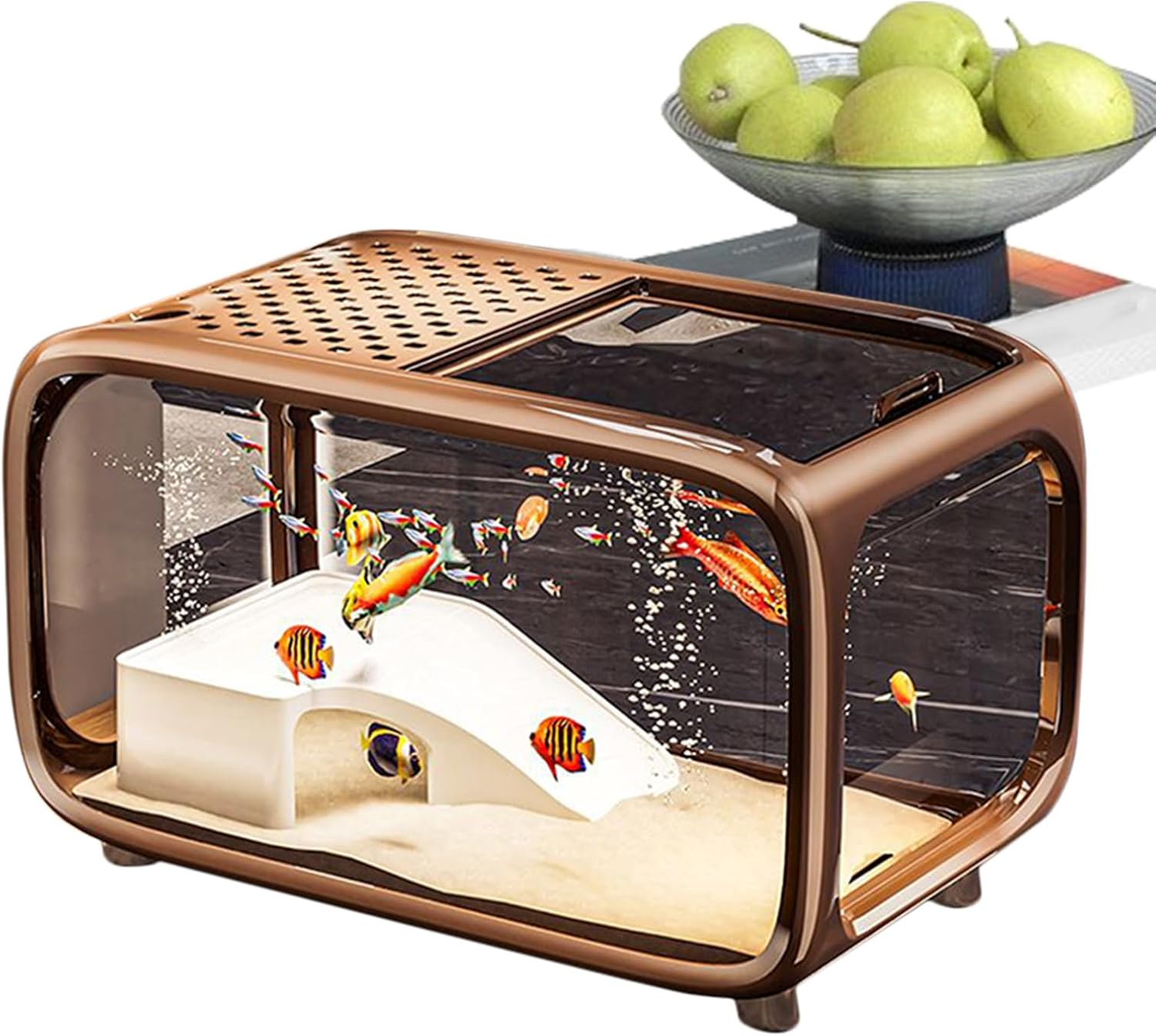 Desktop Fish Tank, Betta Tank Landscape Aquarium, Clear Acrylic Landscape Container Bowl with Top Feeding Hole for Betta Shrimp Snails Turtle Aquatic Animals