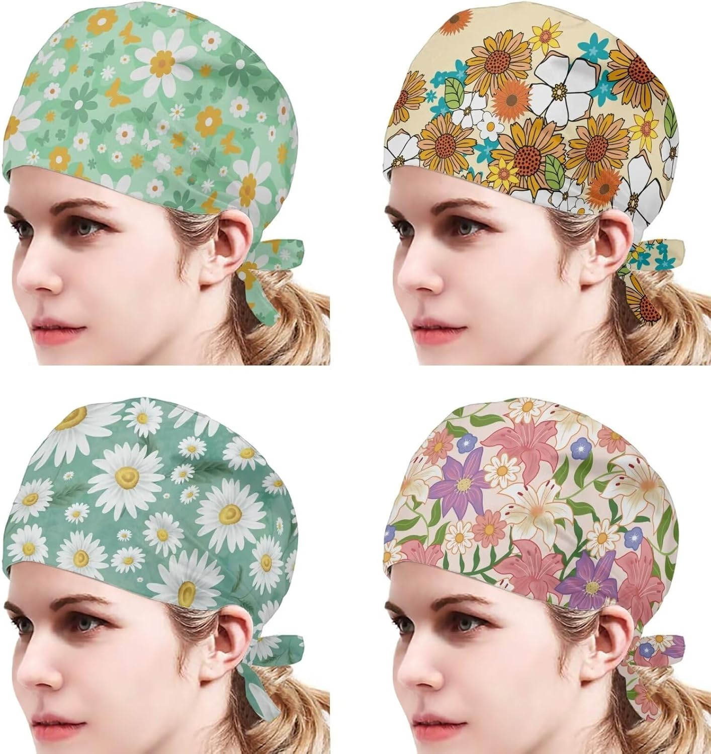Yuuxorilu Scrub Cap Set 4 Pack,Women Men Working Cap with Adjustable Tie Sweatband