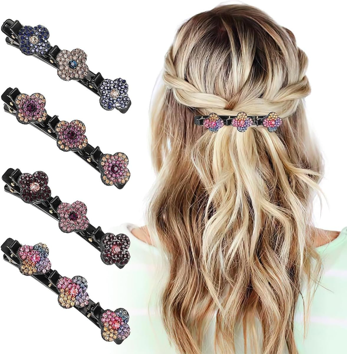 Pack of 4 Glittering Crystal Stone Braided Hair Clips, Hair Clips with Three Flowers, Fringe Clips, Hummingbird Hair Clip with Crystal Flower, Elegant Hair Styling Clips, Shiny Rhinestone Hair Clip image number 5