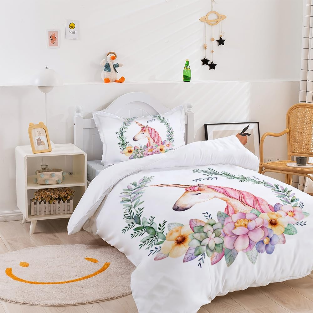 3D Cartoon Watercolor Unicorn Quilt Cover Set Bedding Set with Pillowcases, Single/Double/Queen/King Size (Double)