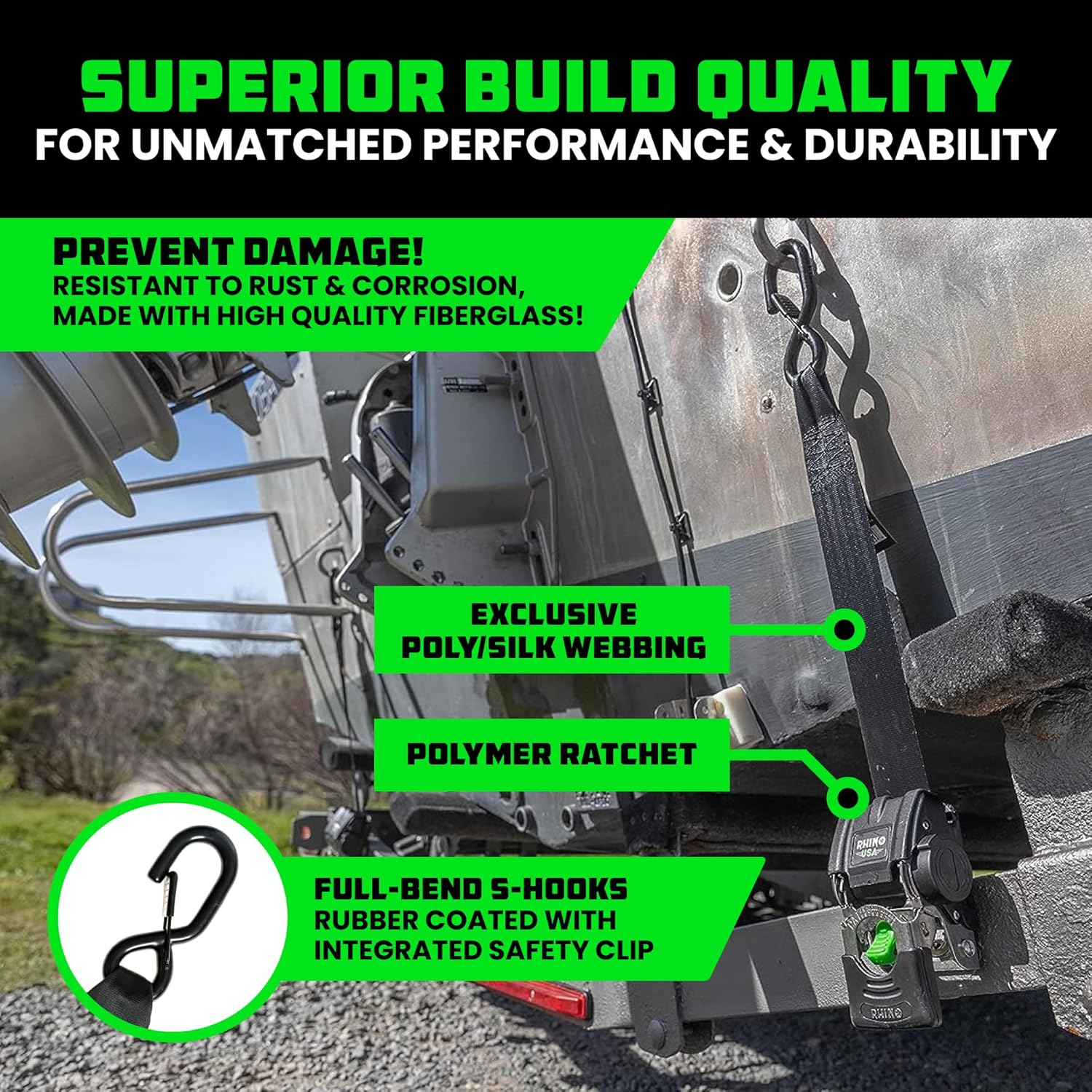 Rhino USA Retractable Boat Trailer Tie down Straps 2PK &ndash; Durable (2In X 43In) Trailer Mount Transom Straps for Boat, Jet Ski &ndash; Stainless Steel &ndash; Salt Water Compatible image number 2