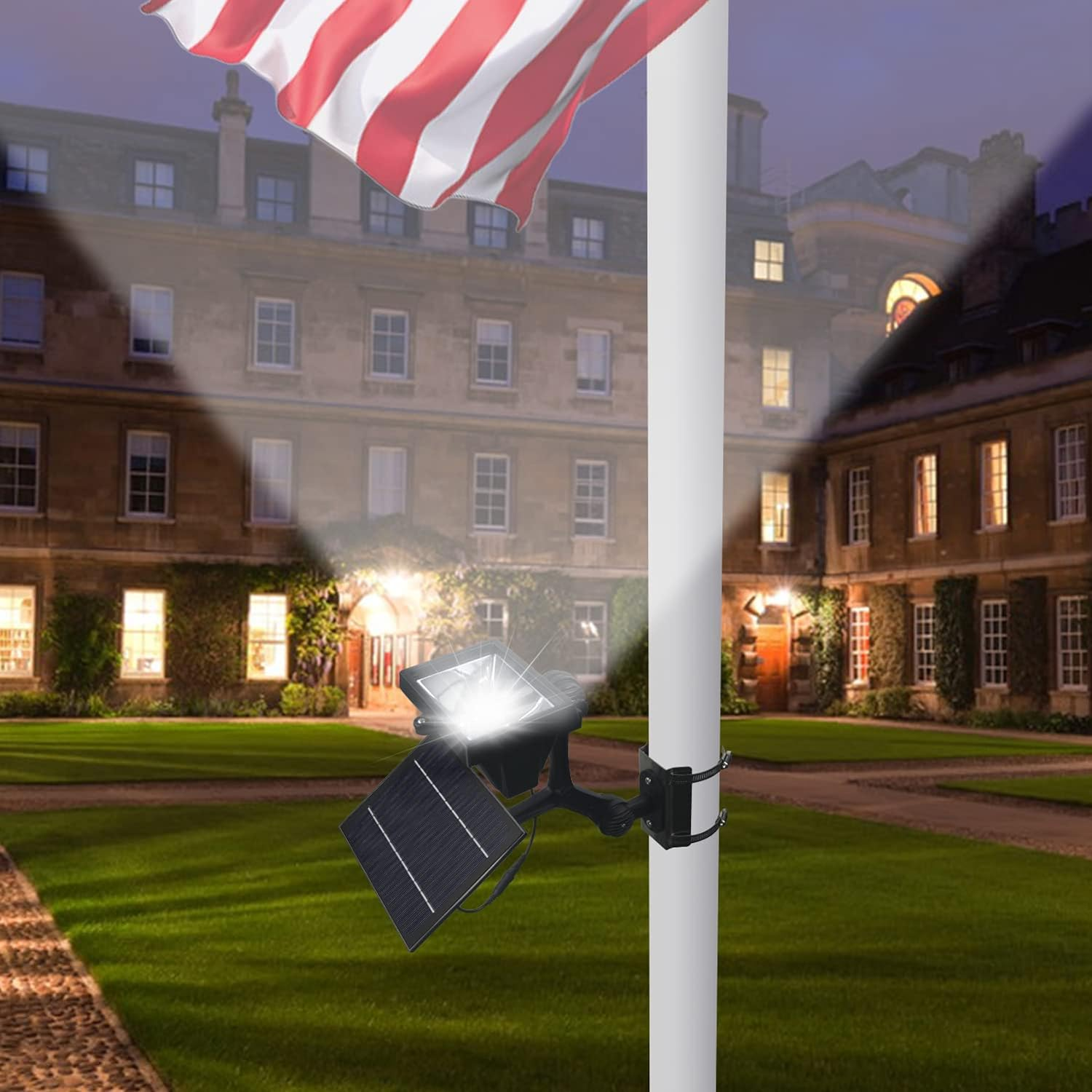 Flag Pole Light Solar Powered 12 Ultra Bright LED 6000K White Adjustable Metal Clamp Fits 2-6" Diameter Flagpoles Outdoor Dusk to Dawn 100% Coverage Lights Black image number 4