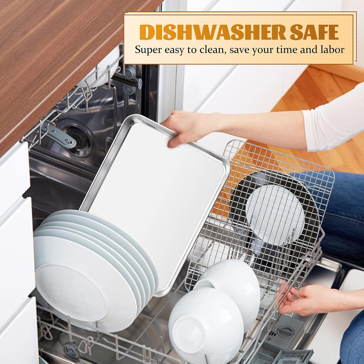 Metal Toaster Oven Tray with Rack Set, E-Far 10.5&rdquo;X8.3&rdquo; Baking Sheet Broiling Pan with Stainless Steel Wire Grate Rack for Cooking Baking Bacon Steak Cooling Cookie - Dishwasher Safe image number 3