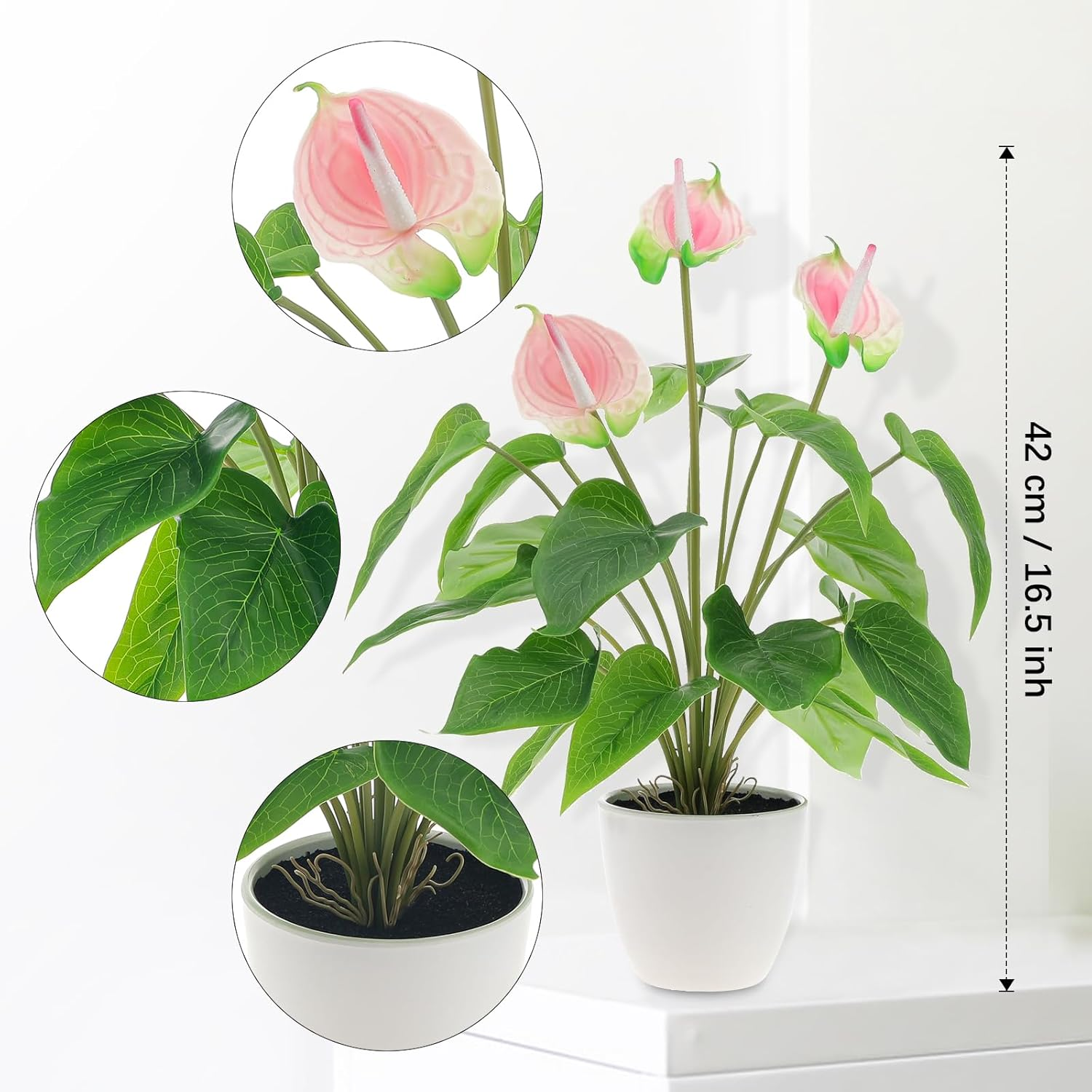Quancru 42Cm Pink Artificial Anthurium Lily Flower Fake Andraeanum Plant Decor Real Touch Simulation Bonsai DIY Wedding Party Show Ceremony