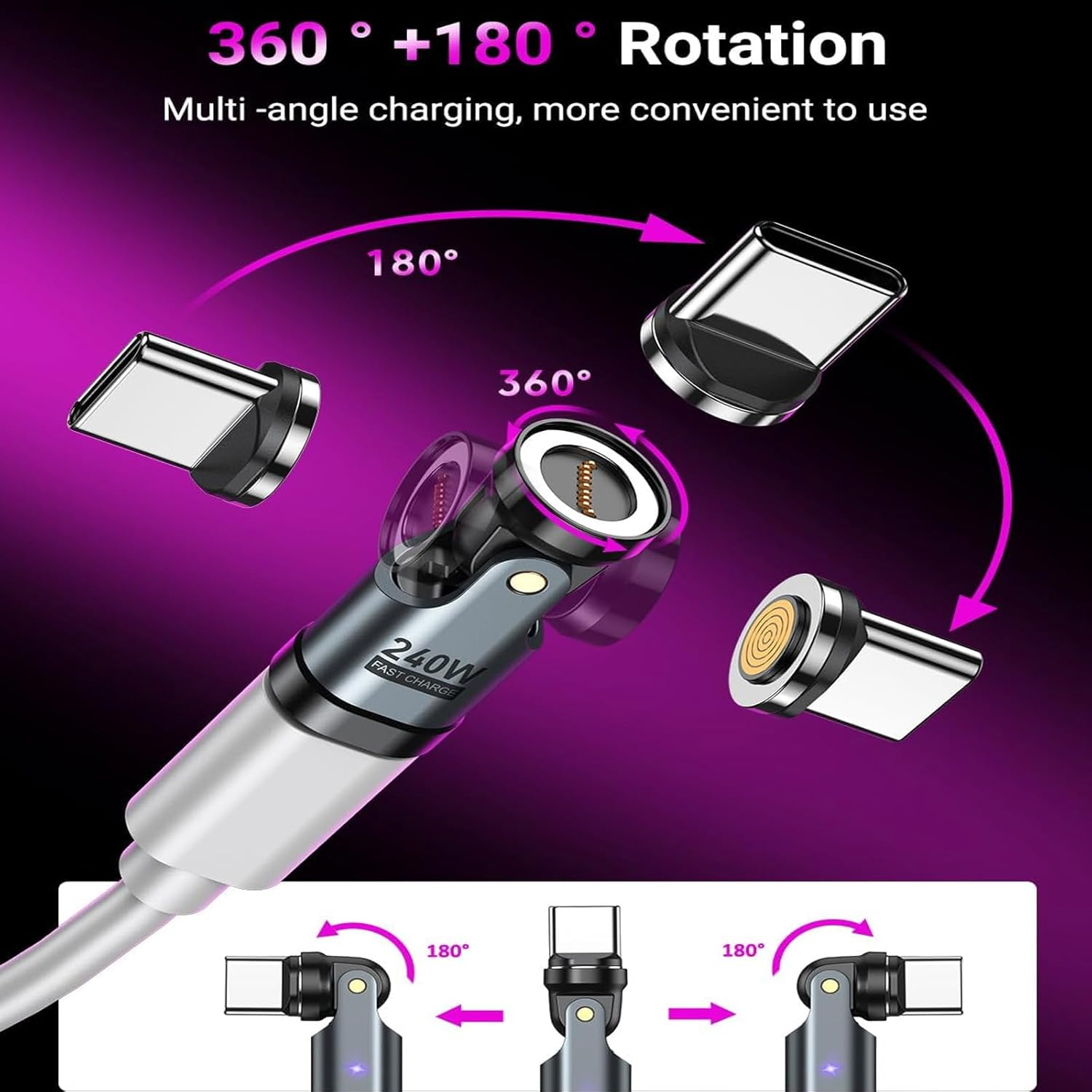 USB C Magnetic Adapter PD 240W(2Pack), 9PIN USB C 90 Degree Adapter/C Right Angle Adapters/360 &180 Degree C to C Adapters for 1Phone 16/15, Ma-Book Pro/1Pad Series, Samsung Galaxy, Tablet, Laptop image number 3