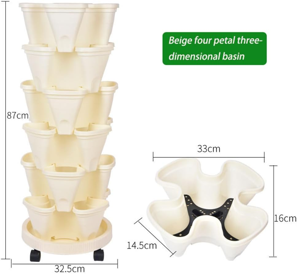 6-Story Vertical Planting Creative Flowerpot, Stackable Garden Plastic Flowerpot, Wheeled Vertical Strawberry Flowerpots, Indoor and Outdoor Tower Garden Flowerpots (Beige) image number 6