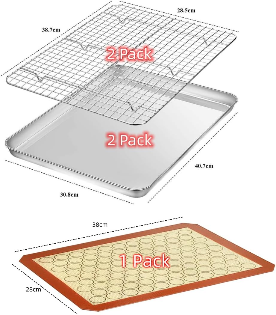 Kitment Baking Trays for Oven, Baking Sheet Cooling Rack with Silicone Mat Set, Stainless Steel Cookie Pan with Oil Brush, Non-Toxic Rectangle Toaster Oven Tray (2 Sheets + 2 Racks + 1 Mat + 1 Brush) image number 2