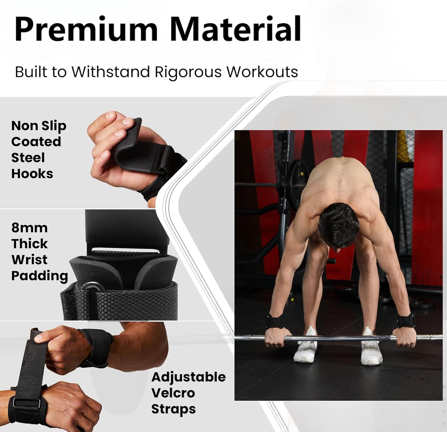 Weight Lifting Hooks (Pair), Heavy Duty Power Wrist Straps Hand Grip Support for Deadlifts, Pull Ups, Shrugs - Gym Gloves for Men and Women image number 6