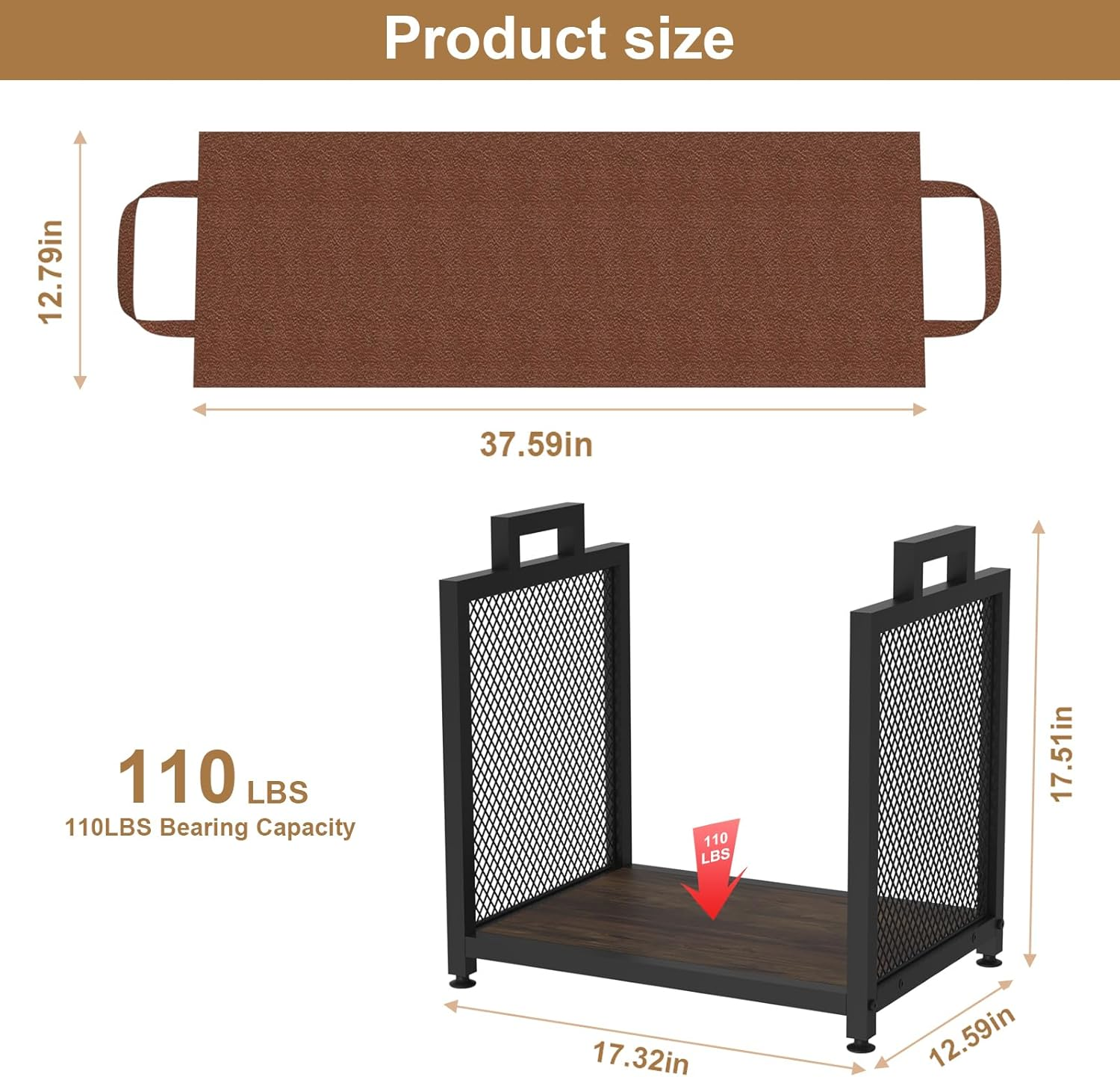 Firewood Rack for Indoor, Heavy Duty Fire Wood Racks Holder, 17.32" Metal Wood Storage Log Holder with Leather Carrier, Small Firewood Stand for Fireplace Patio Deck, Black image number 5