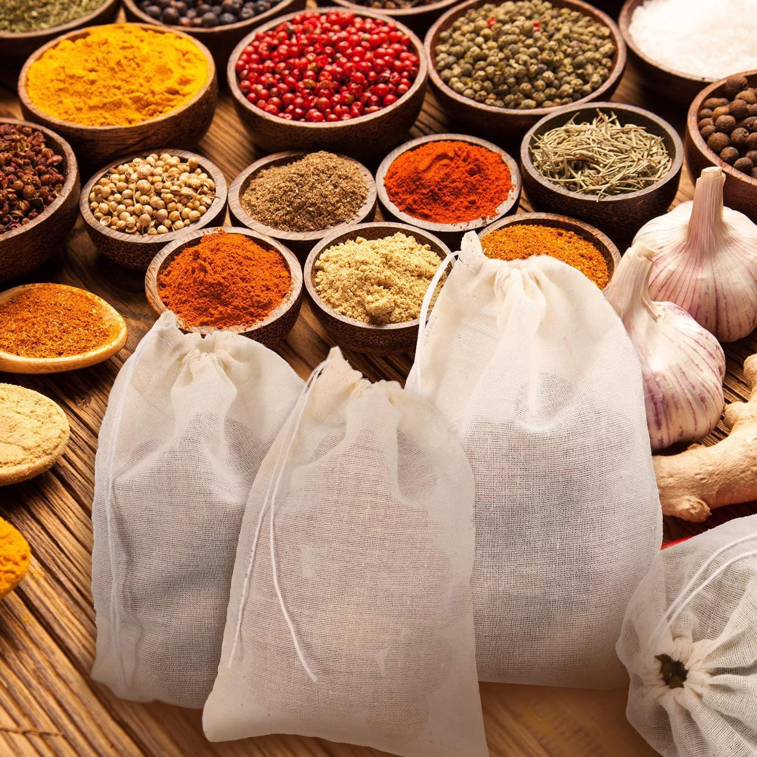 BUYLONG 20 Pcs Muslin Bag, 4X3In Mesh Bags, Cotton Muslin Drawstring Bags, Reusable Tea Bags, Cheesecloth Bags, Brew Bags, Barrier Bags, for Spices Storage, Loose Tea and Coffe, Cooking image number 3