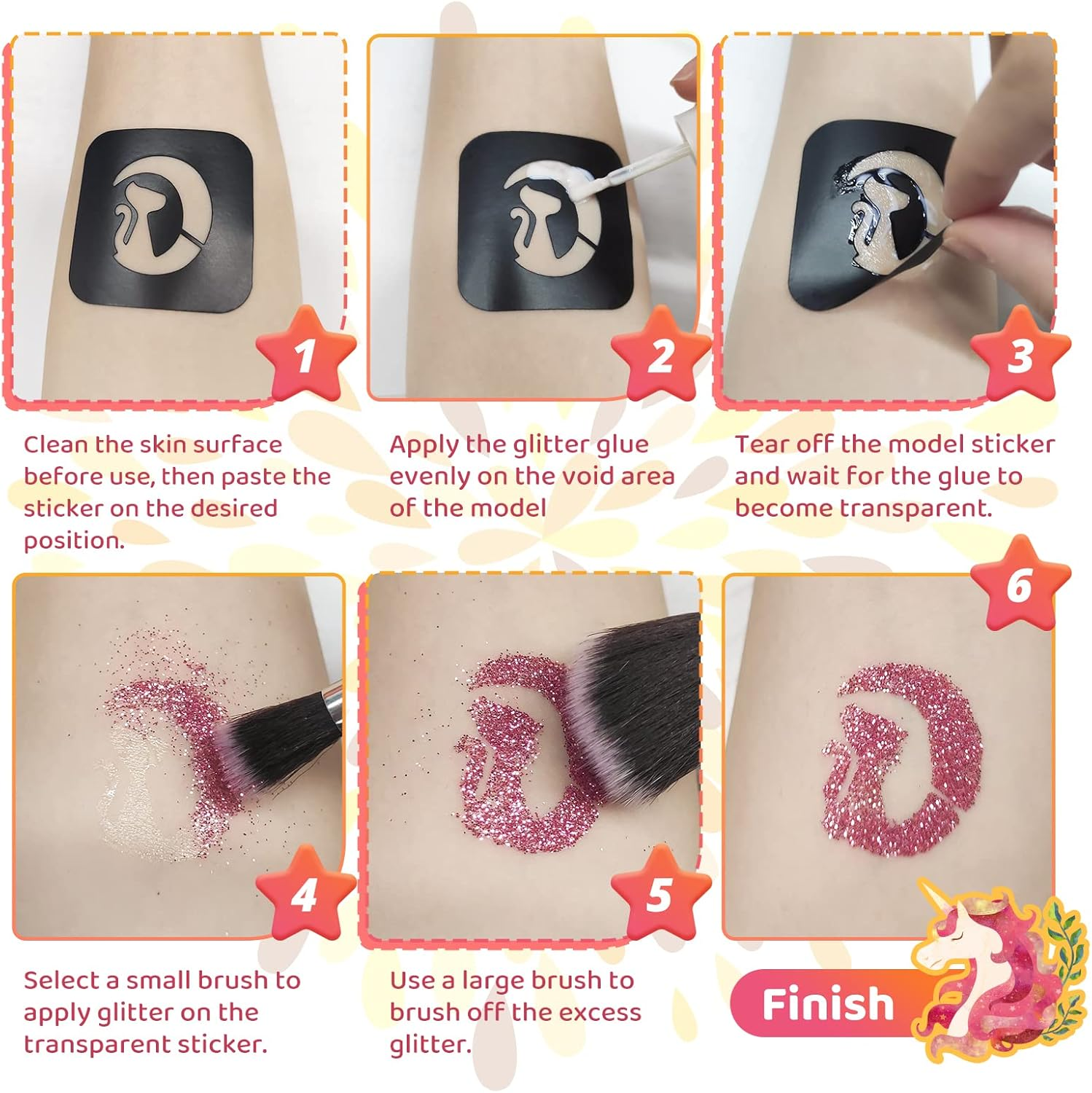 Glitter Tattoo Kit, Bledras 30 Colors Temporary Tattoo Set for Girls, 147 Stencils, 4 Brushes, 2 Glue, Glitter Tattoos for Kids or Adults, Gifts for Girls Boys, Halloween Birthday Festival Party - Multicolour image number 6