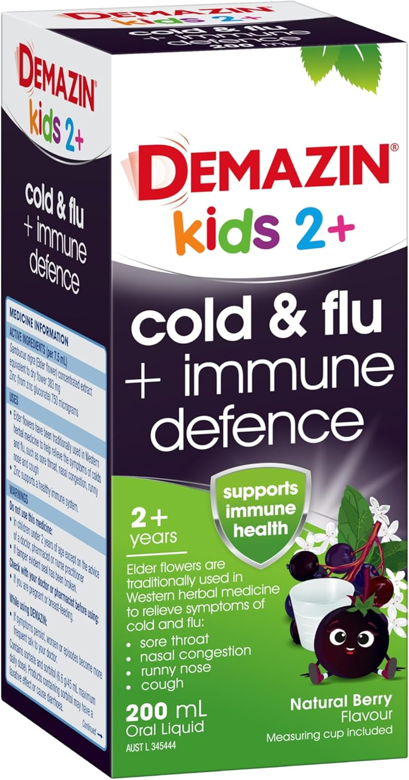 Demazin Cold and Flu + Immune Defence Natural Berry Oral Liquid for 2+ Years Kids 200 Ml image number 3