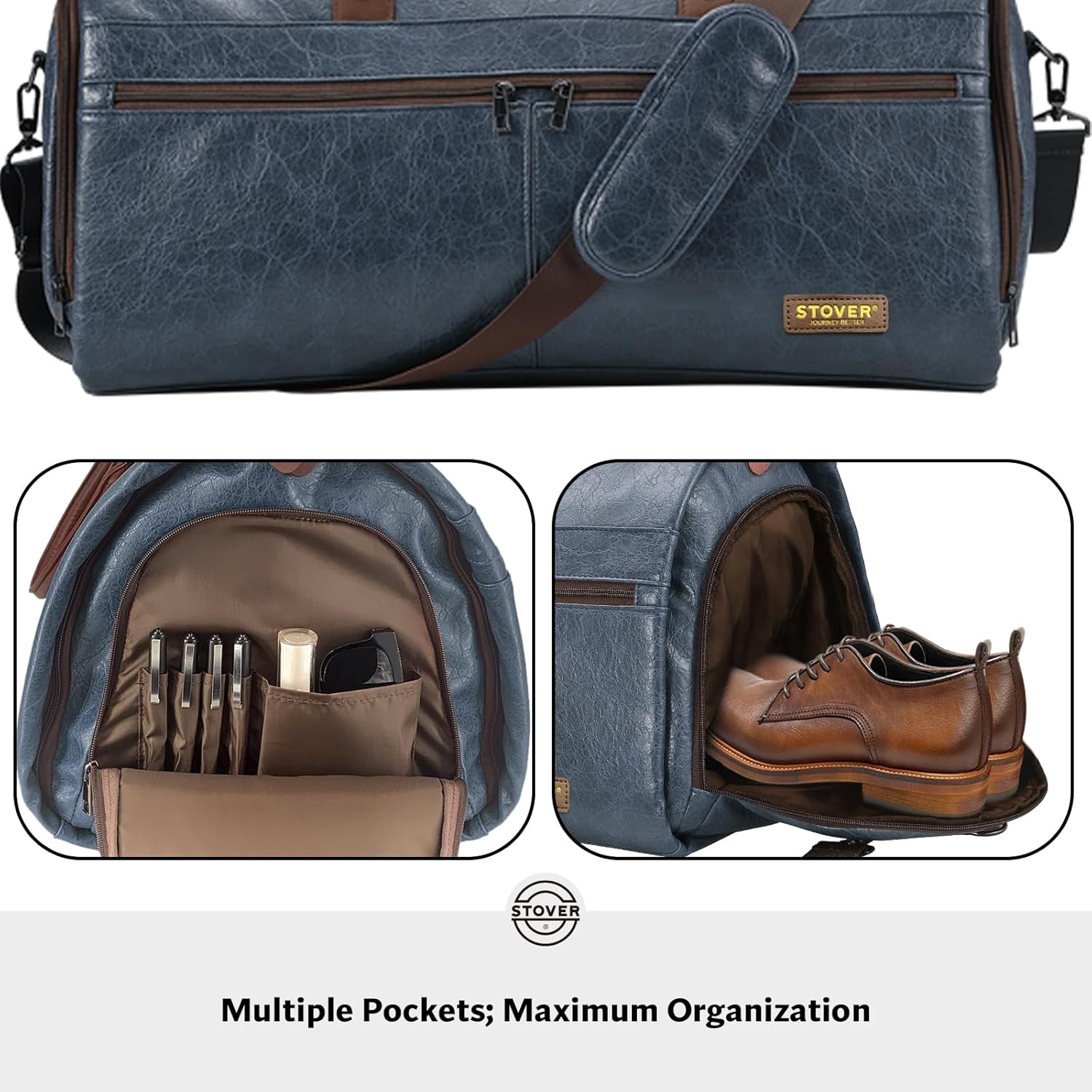 STOVER Garment Travel Duffle Bag, Large 2-In-1 Convertible Carry-On Luggage for Men & Women- Hanging Suits, Dresses & Clothes + Shoe Compartment- Weekender Tote Combo Duffel, Blue - Blue image number 4