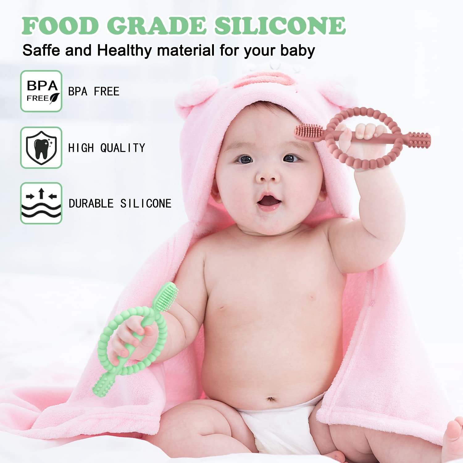 Baby Teething Toys with Easy-Hold Handle, Silicone Infant Toothbrush, Textured on Both Sides Helps Massage, Soothe Sore Gums, Teething Toys for Babies Girl and Boy - Bright Green  Caramel image number 5