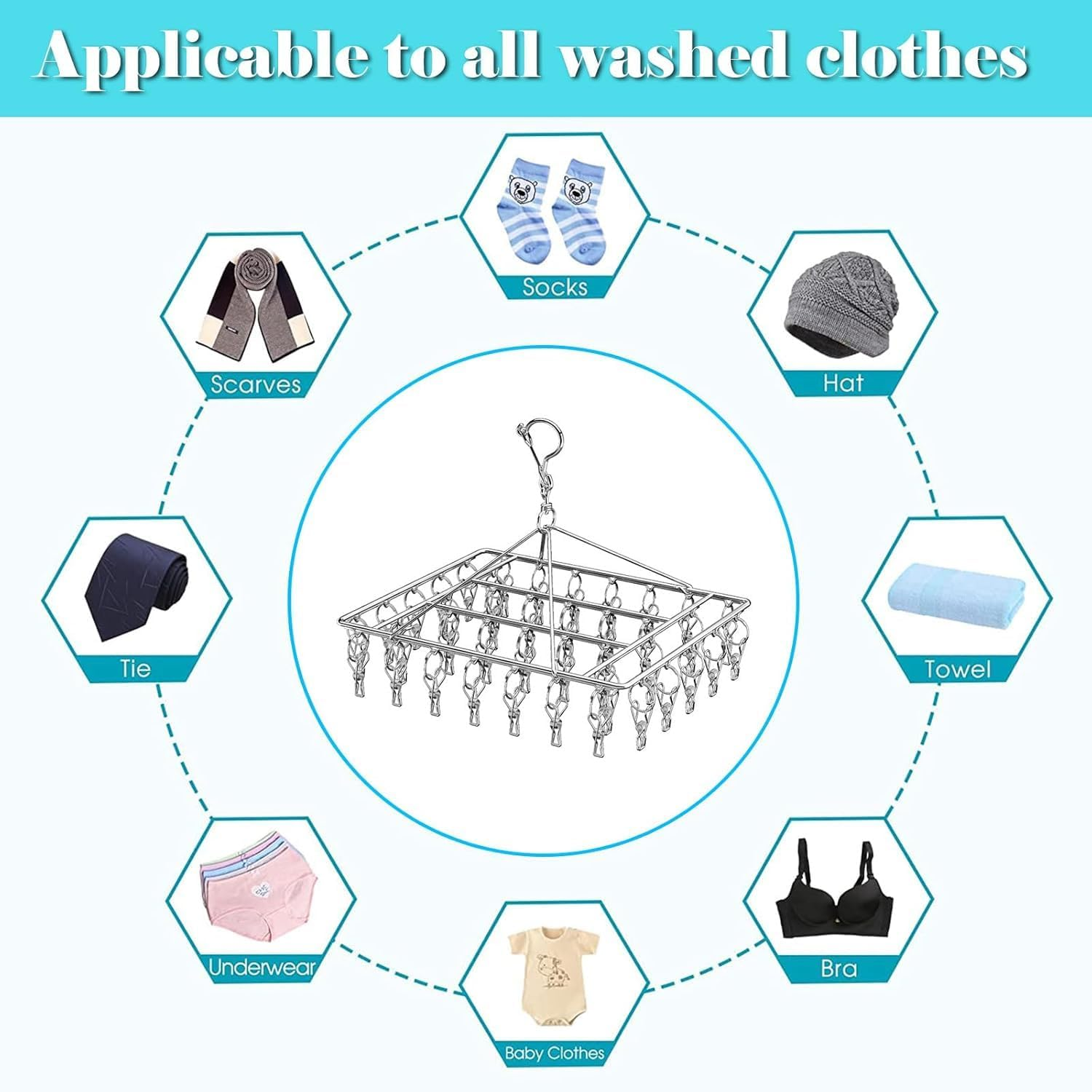 Clothes Drying Rack with 40 Clips,Stainless Steel Laundry Clothesline Hanging Rack, Anti-Wind Drying Clothes Hanger Hook, Drip Hangers Clothes Drying Rack for Underwear Towel Scarves Socks (Silver) image number 1