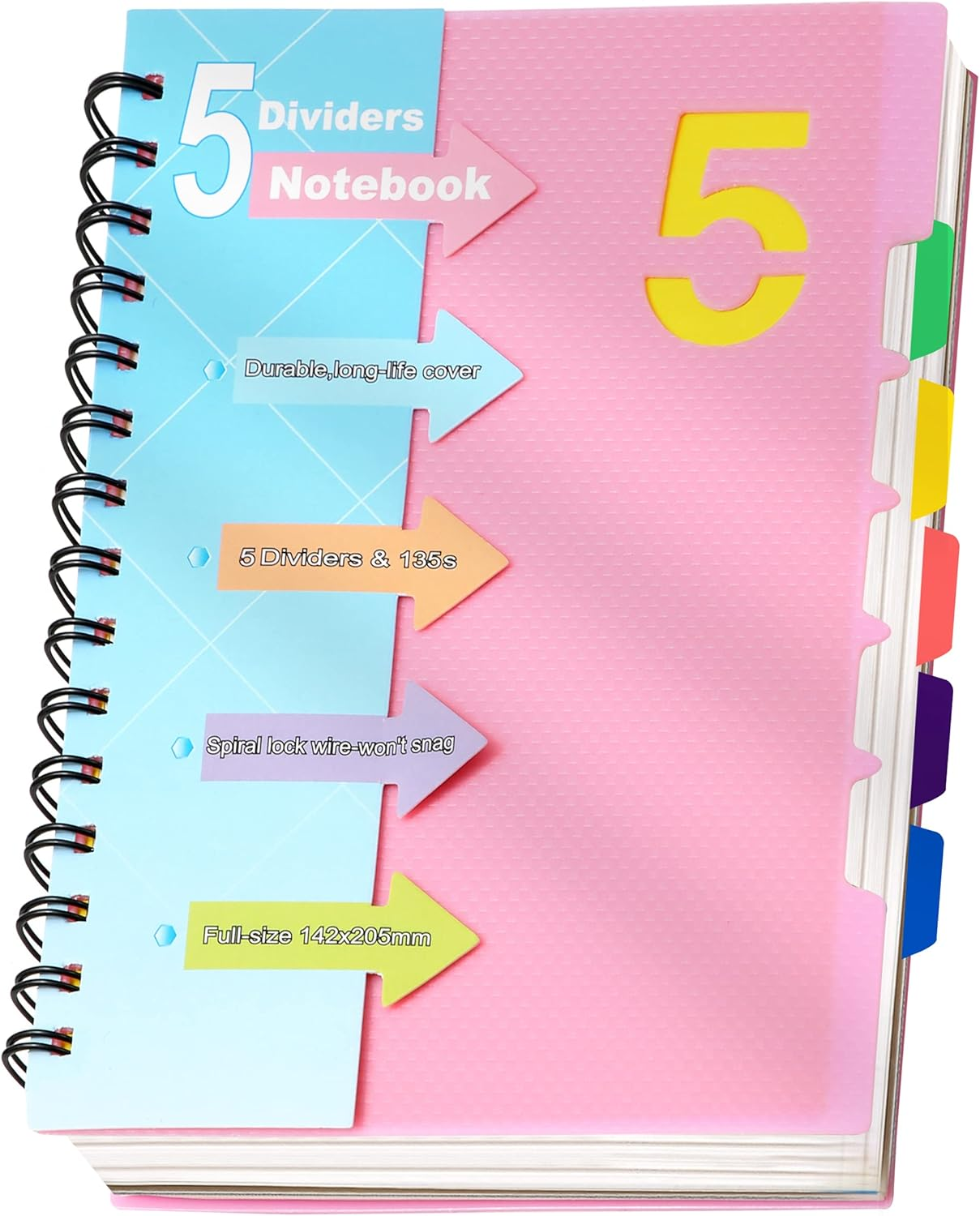 CAGIE 5 Subject Notebook with Removable Divider Tabs, A5 Spiral Notebook 5X7 Inch Lined Spiral Notebook for Women, 220 Pages Spiral Notebooks for School Note Taking, Pink image number 4