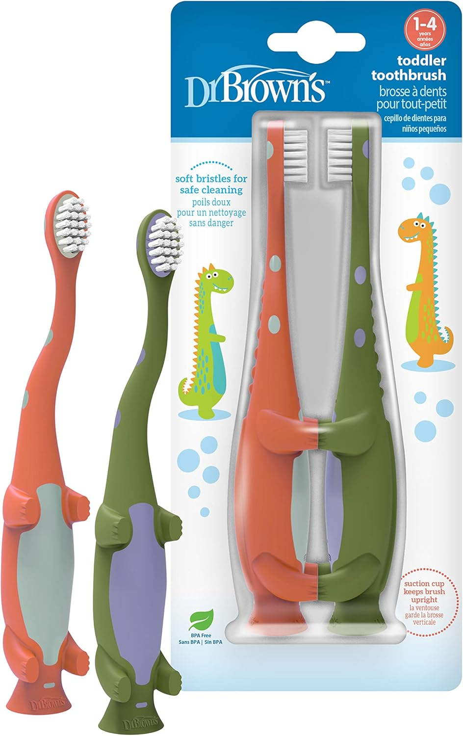 Dr. Brown'S Baby and Toddler Toothbrush, Green and Orange Dinosaur 2-Pack, 1-4 Years image number 1