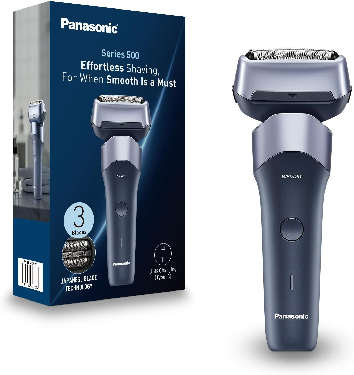 Panasonic Series 500 Wet & Dry 3-Blade Electric Shaver for Men, Stainless Steel Blades, Flexible 10D Head with USB-C Charging, Black (ES-RM3FXK541)