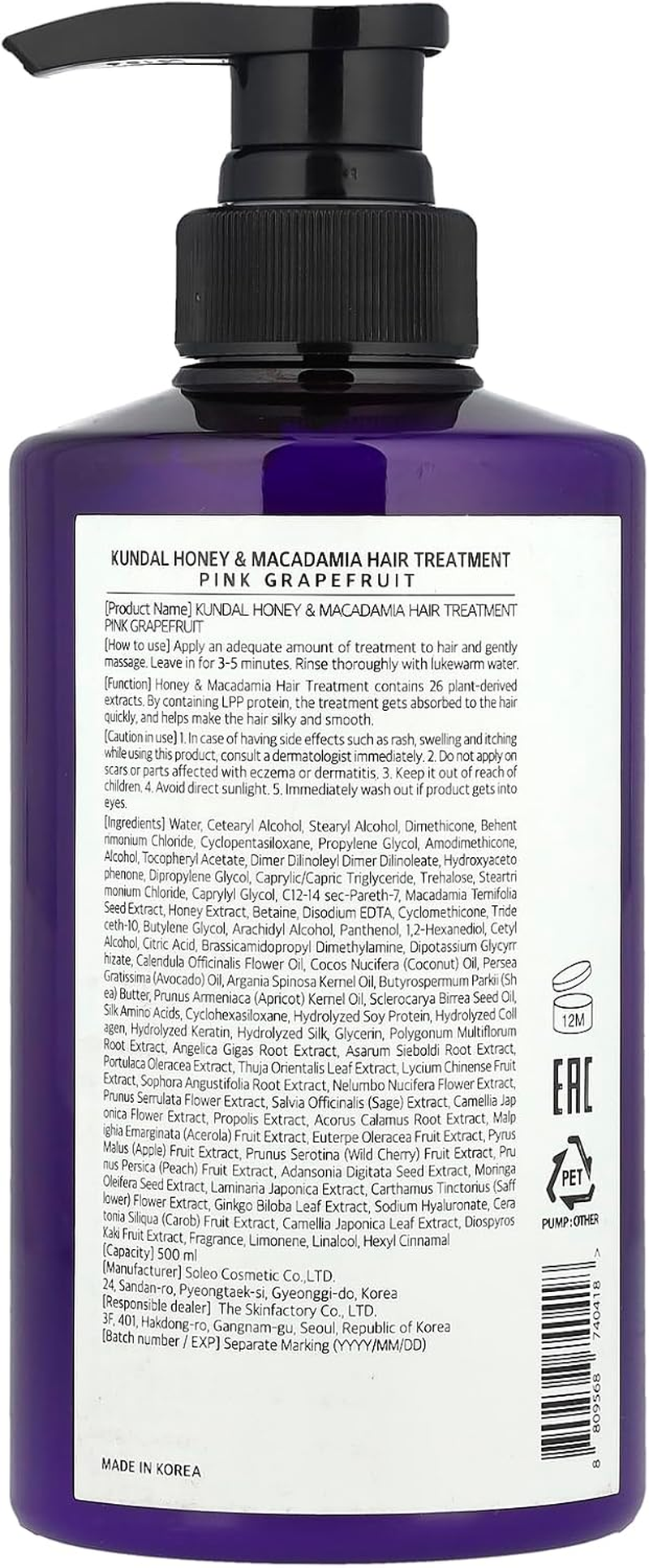 KUNDAL Honey&Macadamia Hydro-Intensive Protein Premium Nature Hair Treatment(Pink Grapefruit) 500Ml