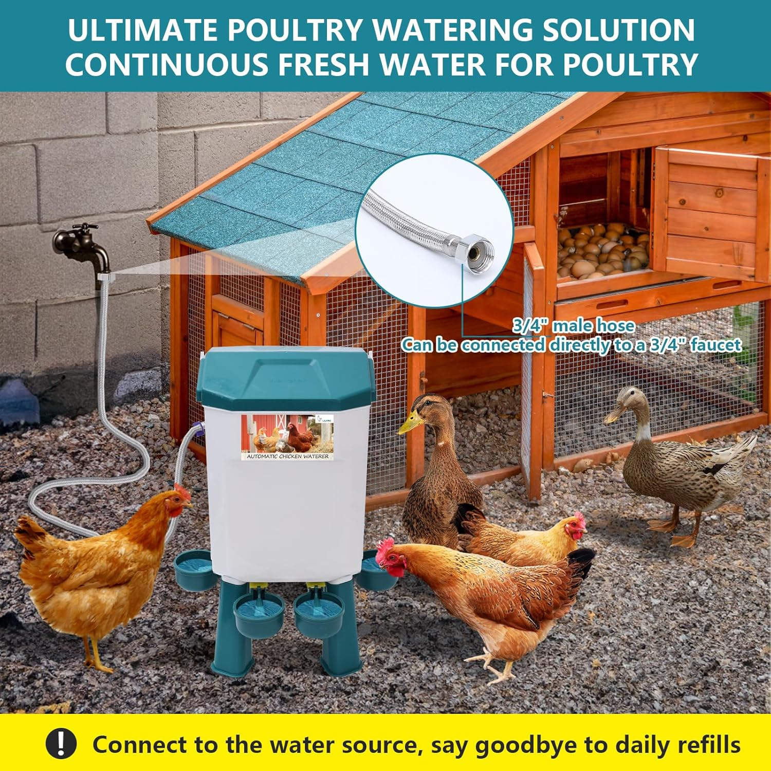 Lilyang Float-Controlled Automatic Chicken Waterer for Continuous Fresh Water, Self Filling Chicken Waterer with 60 Inch Water Hose (One End 3/4''), Suitable for Quail Duck Turkey image number 3