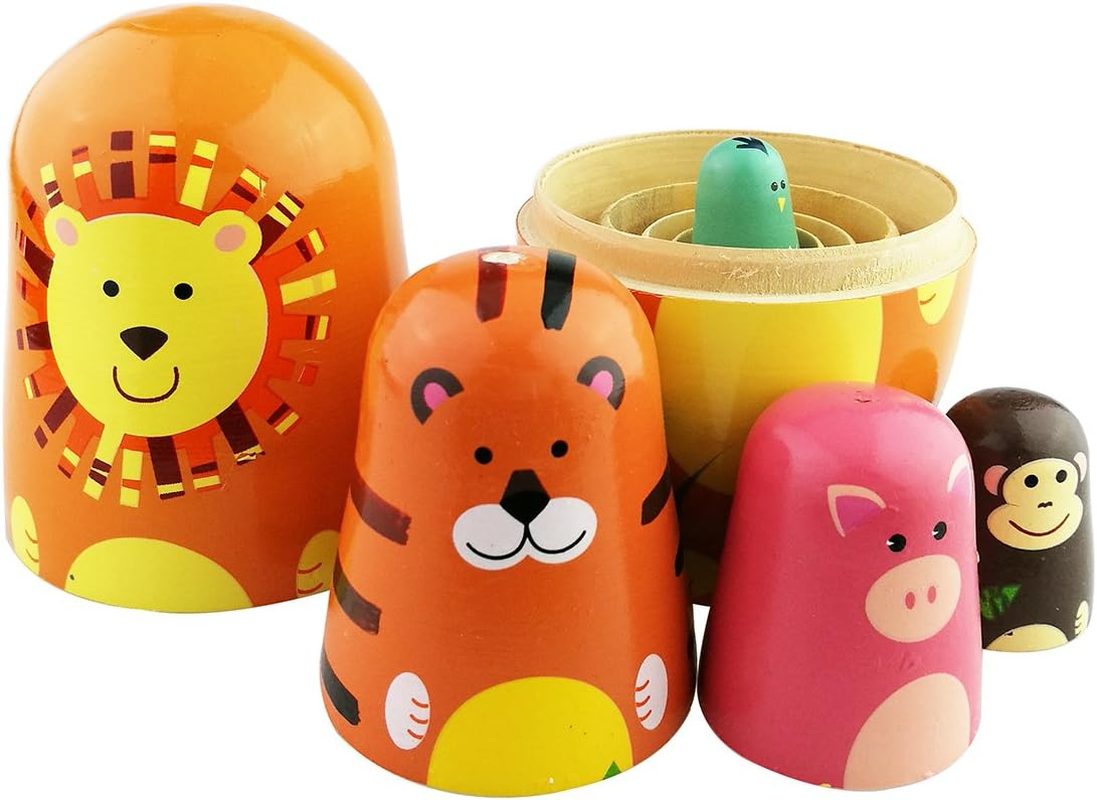 Set of 5 Cutie Cartoon Animal Nesting Dolls Matryoshka Madness Russian Doll Popular Handmade Kids Gifts Toy image number 1