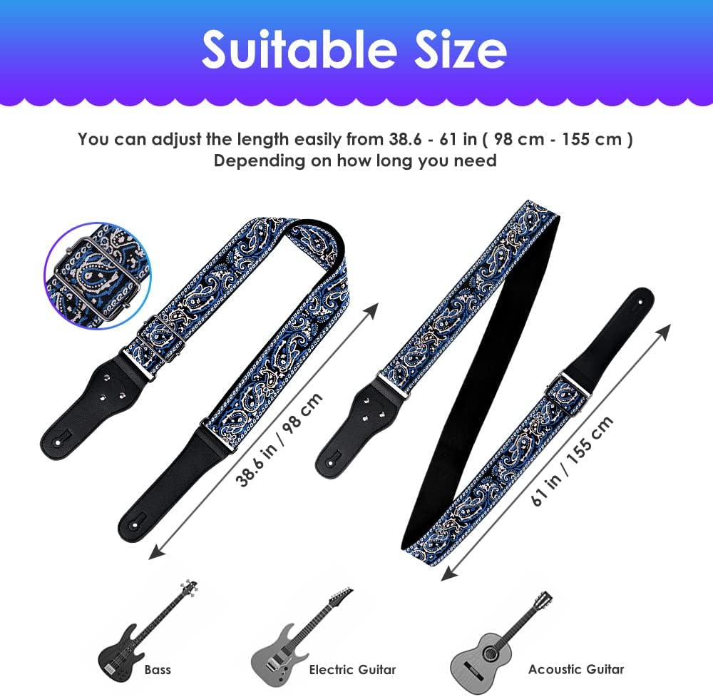 AUTOWT Guitar Strap, Vintage Embroidered Cotton Guitar Straps with Genuine Leather Ends for Bass Electric & Acoustic Guitars with Strap Locks Headstock Buttoned Tie Headstock Lace Tie 3 Guitar Picks image number 2