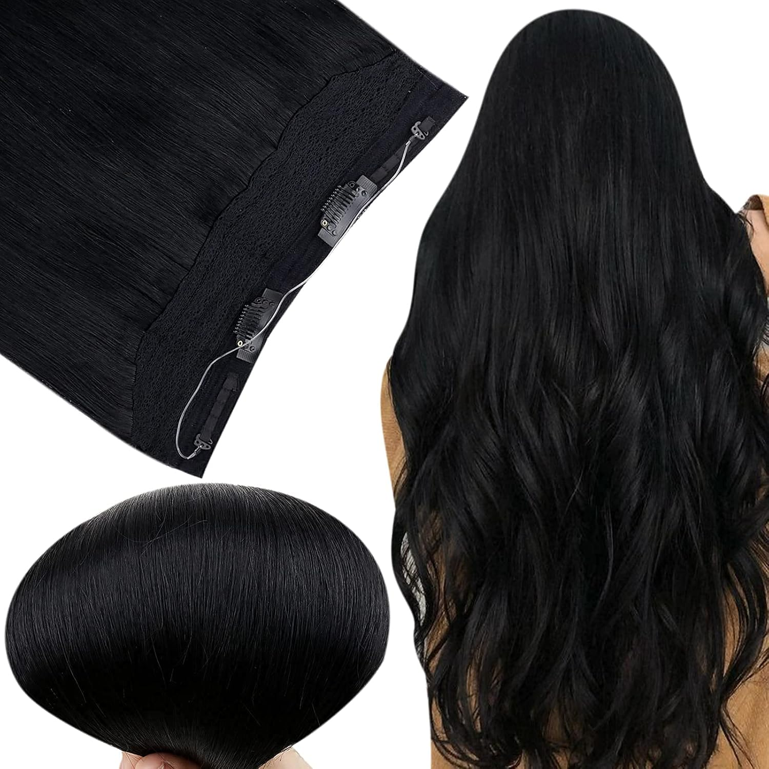 Full Shine 18Inch Width 11 Inch Fish Line Human Hair Extension Straight One Piece 80G off Black Double Weft Mircale Wire Fish Line Hair Extension Hairpiece