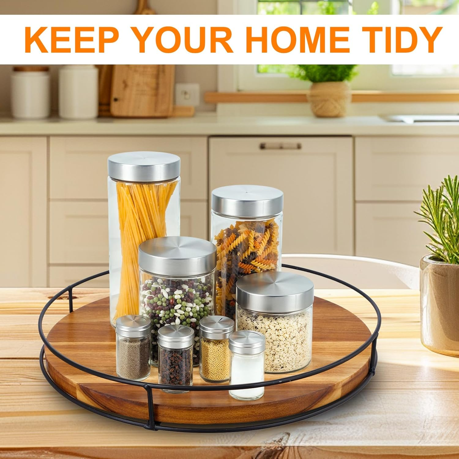 Large Turntable Spice Rack, 30Cm, Non-Slip, 360&deg; Rotating Wood Pantry Cupboard Organiser, round Display Tray, Kitchen Storage Organisation for Bathroom Countertop Cabinet Fridge Table image number 5