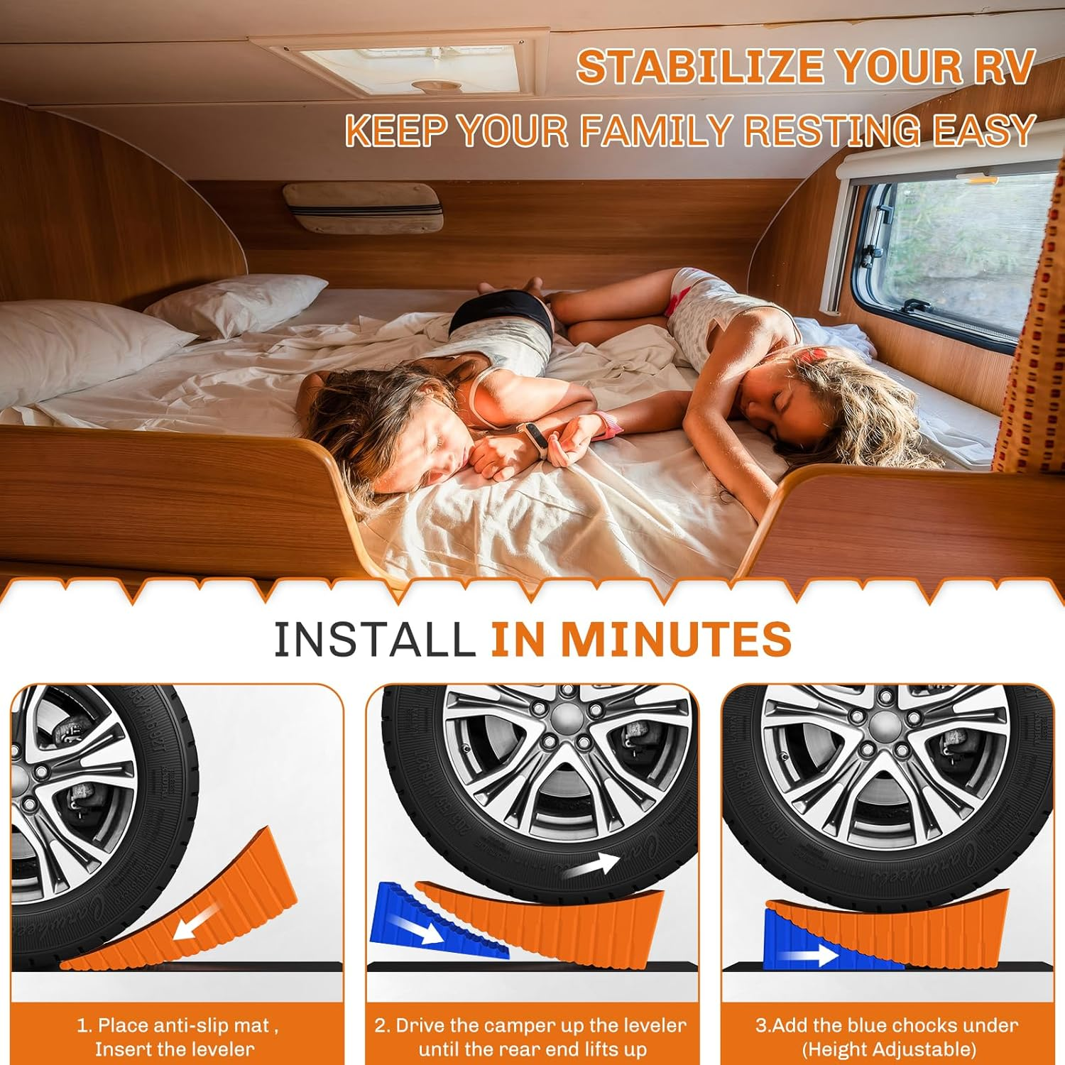 WELLUCK Camper Leveler, RV Leveling Blocks Camper Wheel Chocks up to 35,000 Lbs, 2 Packs Heavy Duty Curved RV Camper Leveler Kit with Anti-Slip Mats, Carrying Bag for Travel Trailer