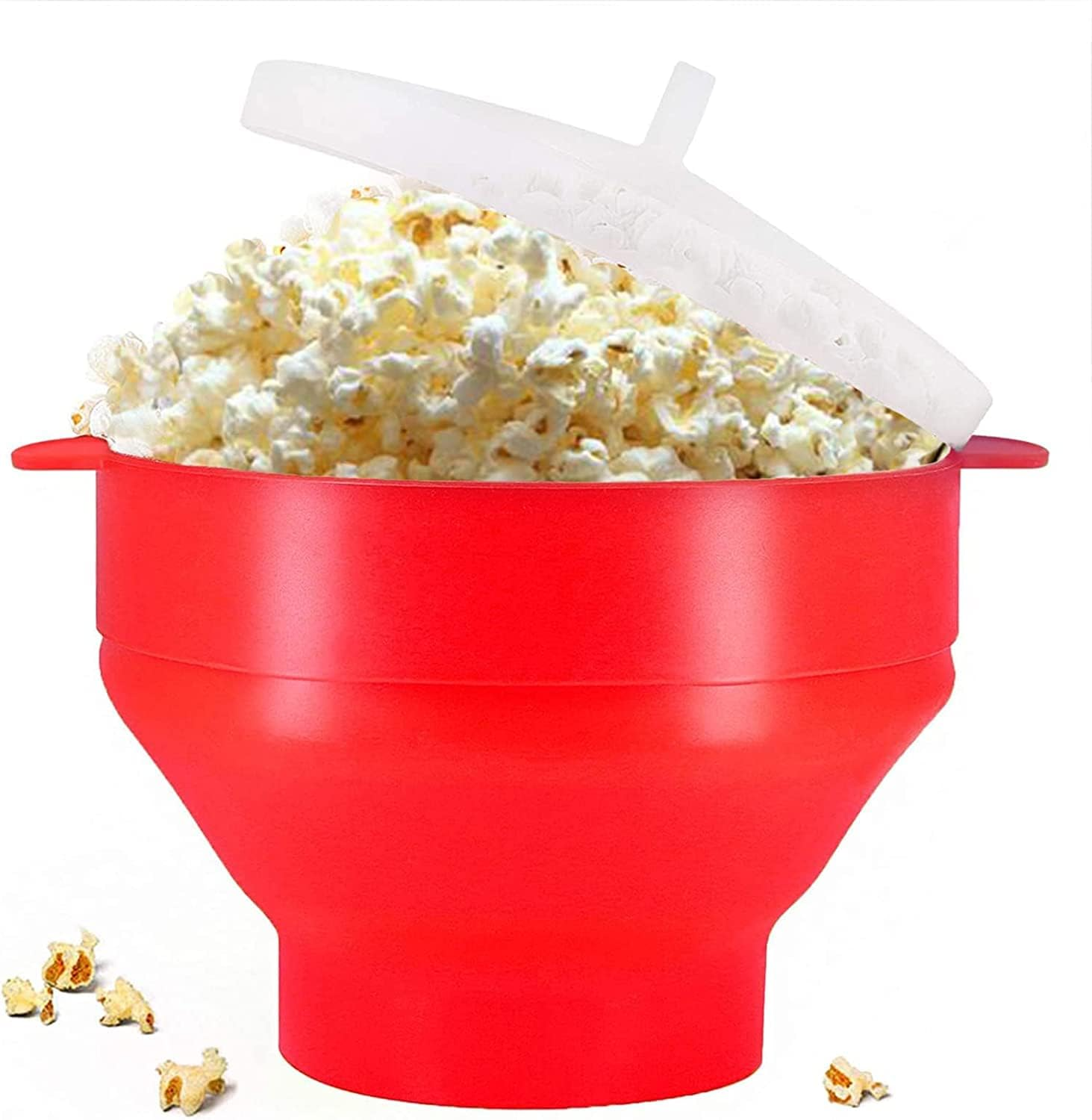 Silicone Popcorn Maker, Collapsible Popcorn Bowl with Lid and Handle, Dishwasher Safe Silicone Bucket, Heated Popcorn Maker, BPA Free, Great for Parties and Movie Nights (Red)