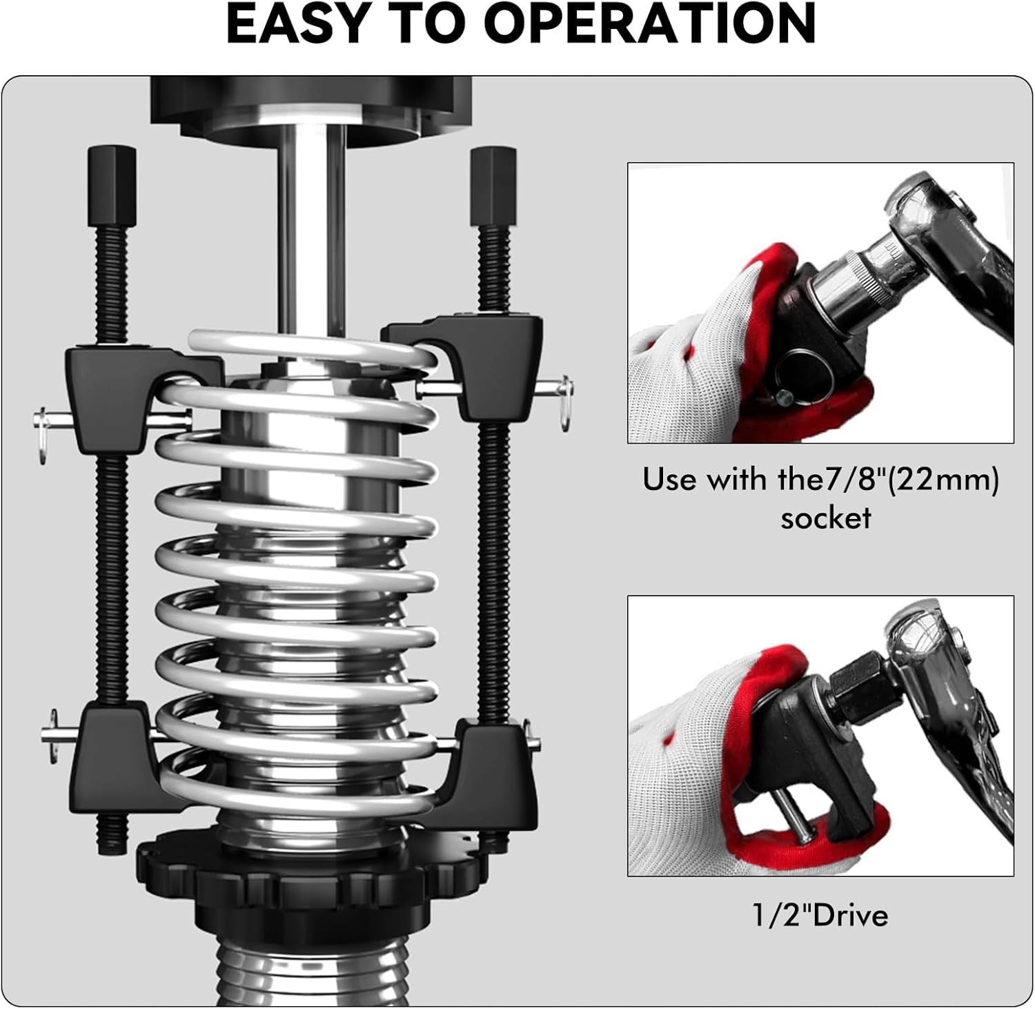 Coil Spring Compressor Tool Kit, 2-Pack Macpherson Strut Spring Compressor Set with Heat-Treated Hooks, 1/2" Square Drive & 22Mm Hex Compatible, 10.5" Range, for Shock Absorber & Strut Replacement image number 4